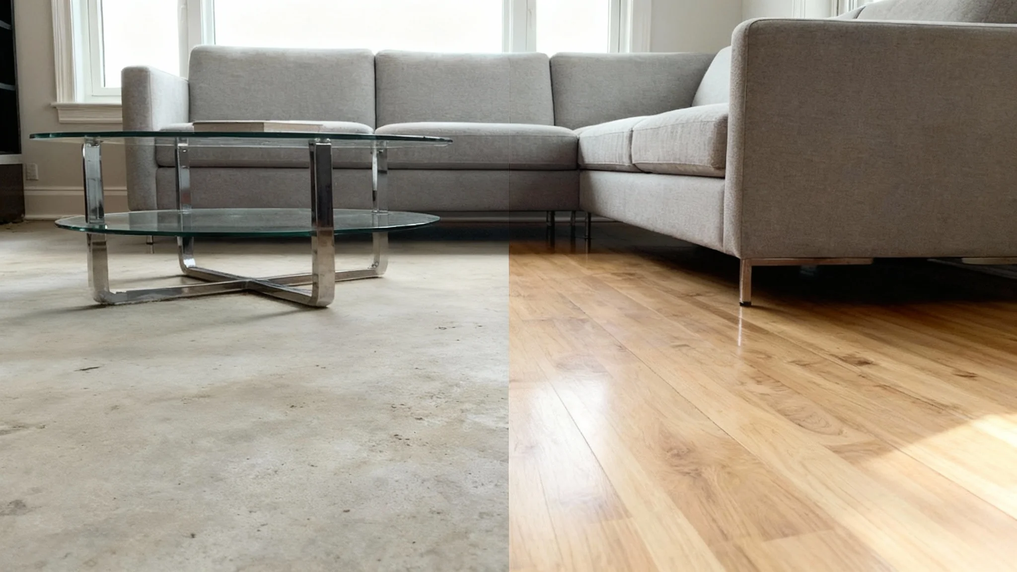 A split-screen comparison image of a modern living room. The 'before' side shows a plain concrete floor, and the 'after' side shows the same room with a beautiful new light oak hardwood floor installed, demonstrating the result of a flooring visualizer.