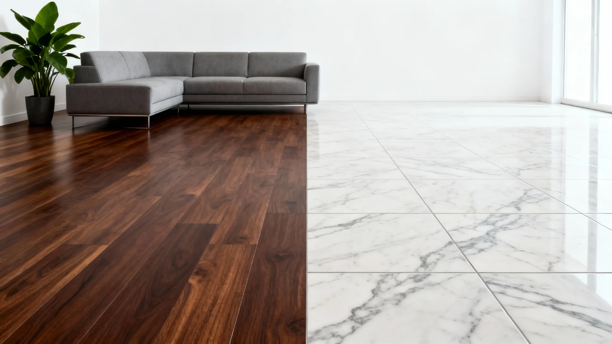A photorealistic image of a modern living room where the floor is split into two types: dark hardwood on one side and light marble tile on the other, demonstrating a flooring visualizer.