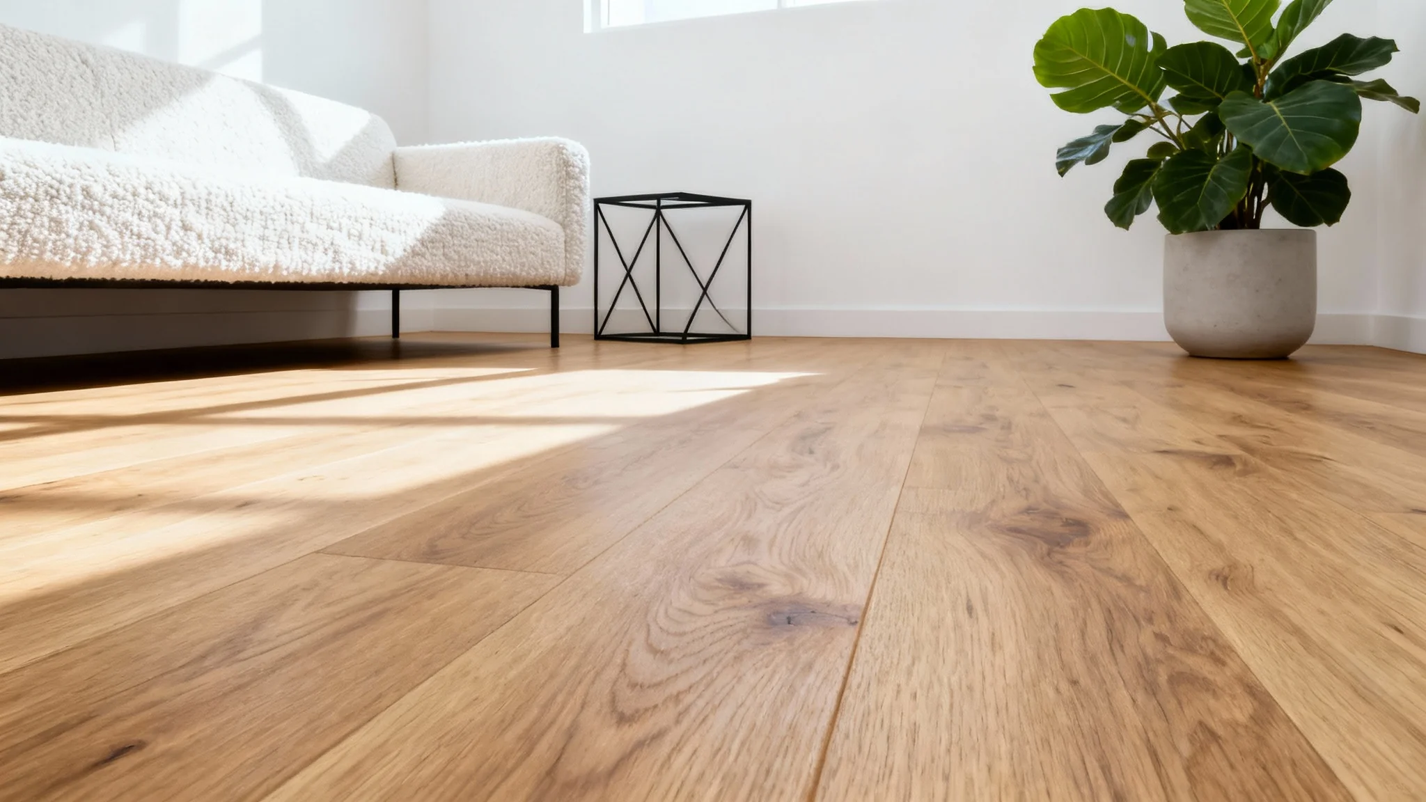 A photorealistic mockup of a modern living room with new light oak hardwood floors, minimalist furniture, and bright natural light, set against a clean white background.