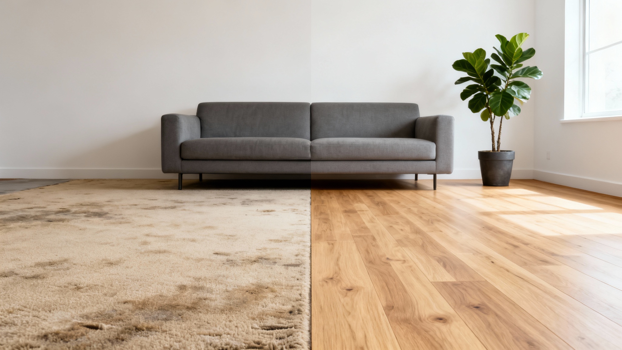 A modern living room showing a before-and-after flooring comparison, with one half of the floor covered in old carpet and the other half in new light oak hardwood.