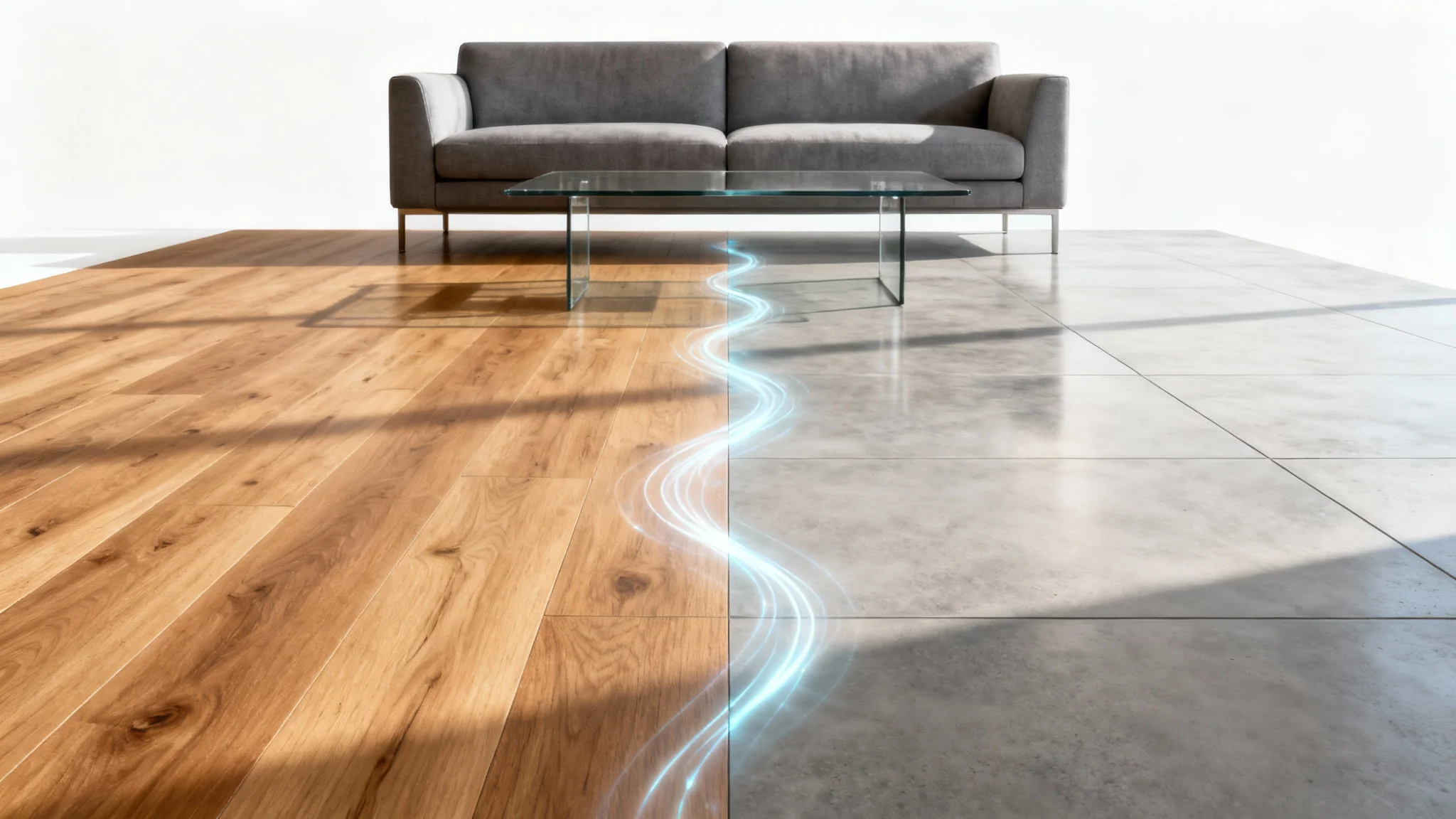 A photorealistic image of a modern living room where the floor is split in half, demonstrating a flooring visualizer tool. One side has warm oak hardwood, and the other has cool concrete tiles, with a digital wave effect showing the change.