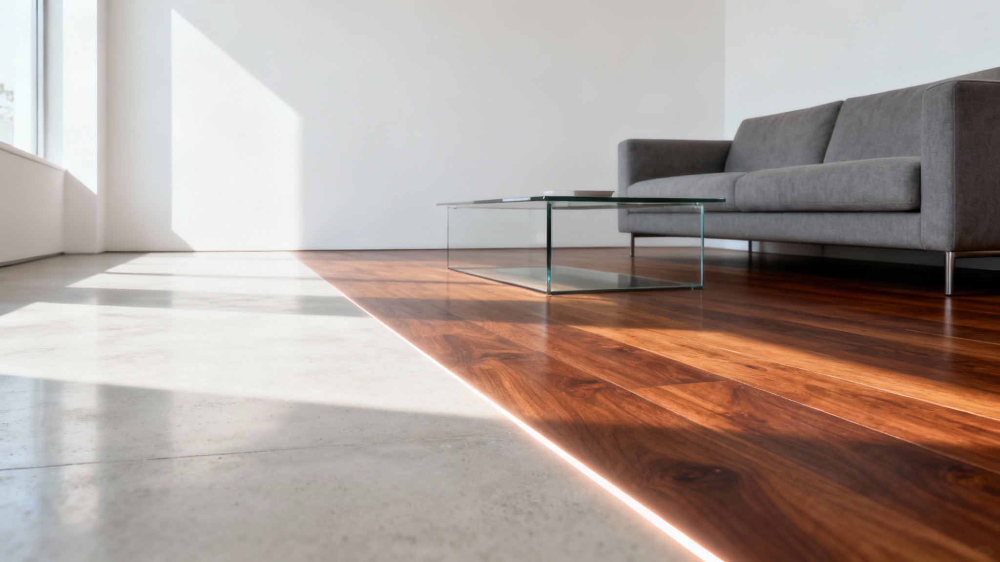 A photorealistic image of a modern living room where the floor is split into two types, dark hardwood and light concrete, representing a flooring visualizer.
