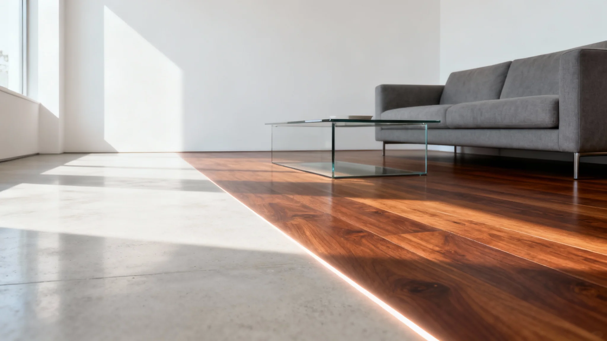 A photorealistic image of a modern living room where the floor is split into two types, dark hardwood and light concrete, representing a flooring visualizer.