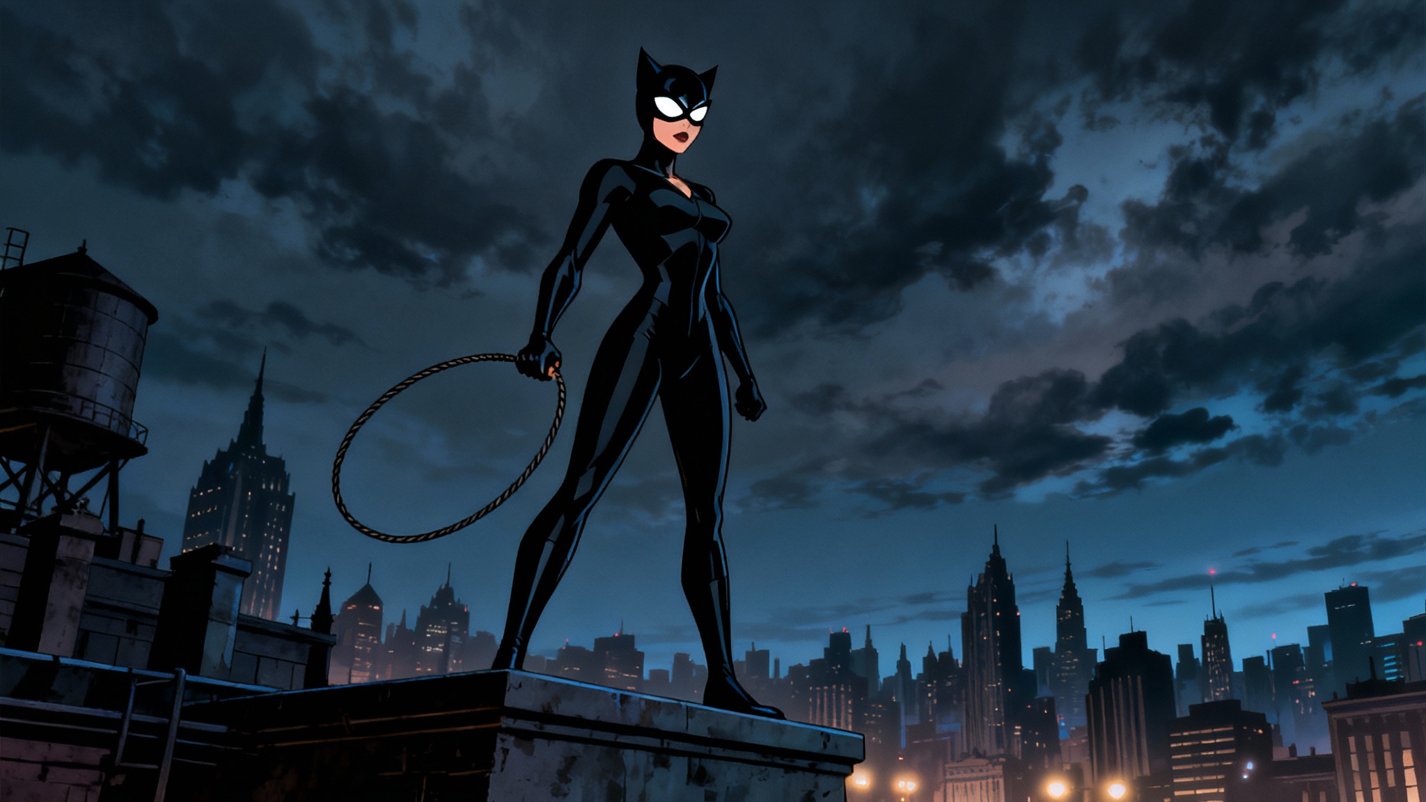 Catwoman from The New Batman Adventures, in her black suit and mask, stands on a Gotham City rooftop at night, holding a whip, with the city skyline behind her.