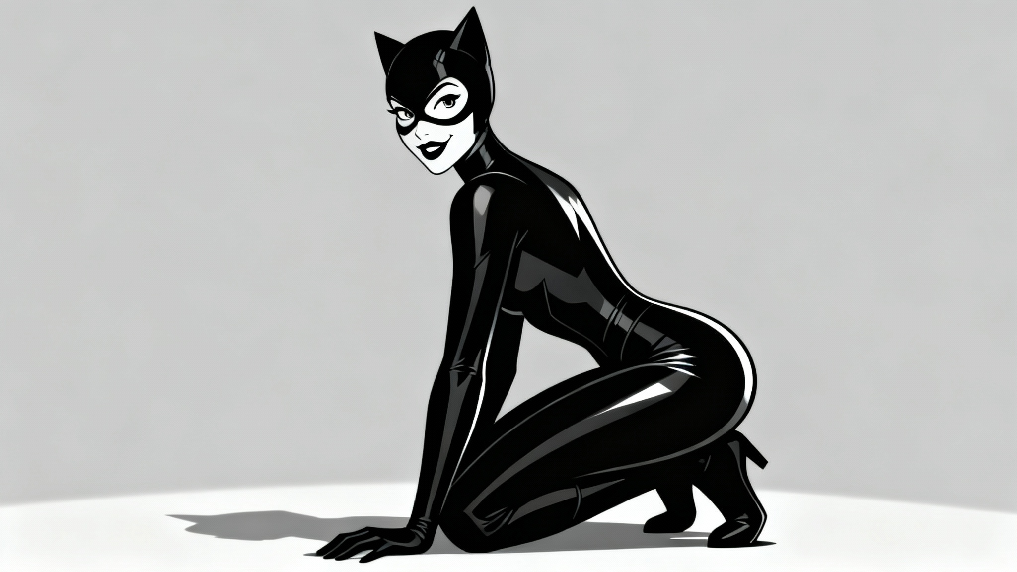 A full-body illustration of Catwoman in her sleek black suit from The New Batman Adventures, posing dynamically against a light gray background.
