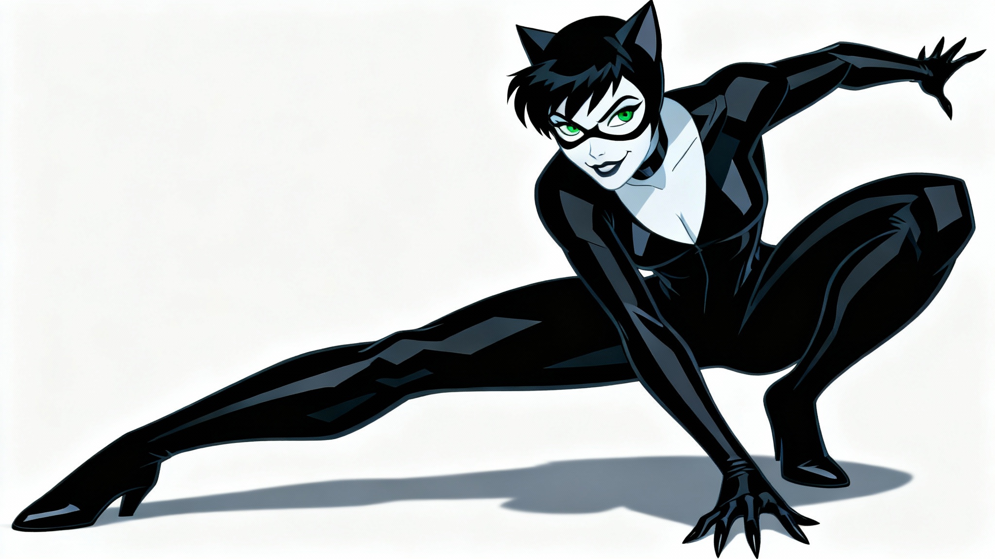 A full-body digital illustration of Catwoman in the sharp, minimalist style of The New Batman Adventures, crouching in a dynamic pose against a solid white background.