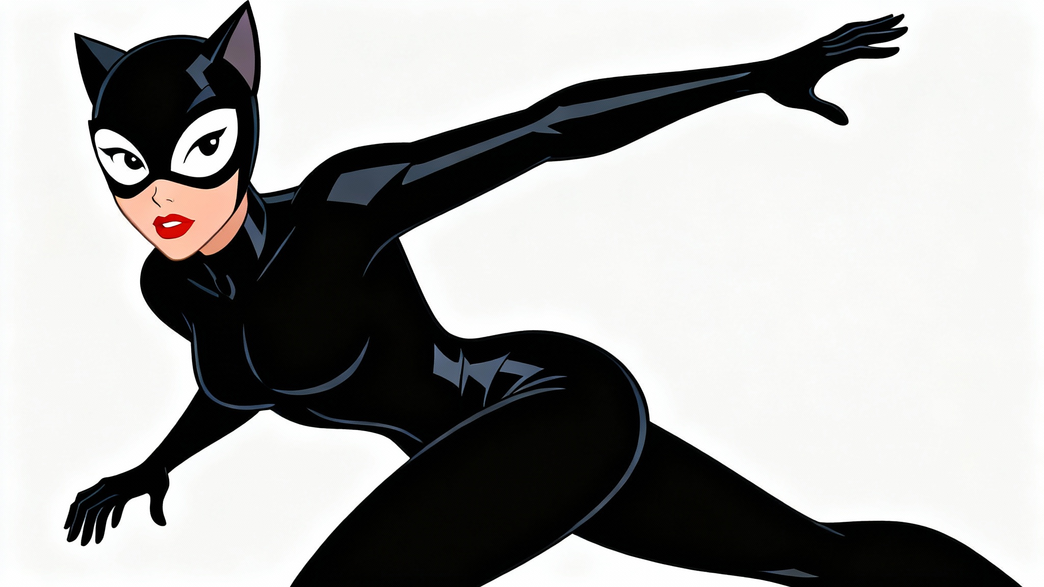 An illustration of Catwoman from The New Batman Adventures in her iconic all-black suit, striking an athletic pose against a plain white background.