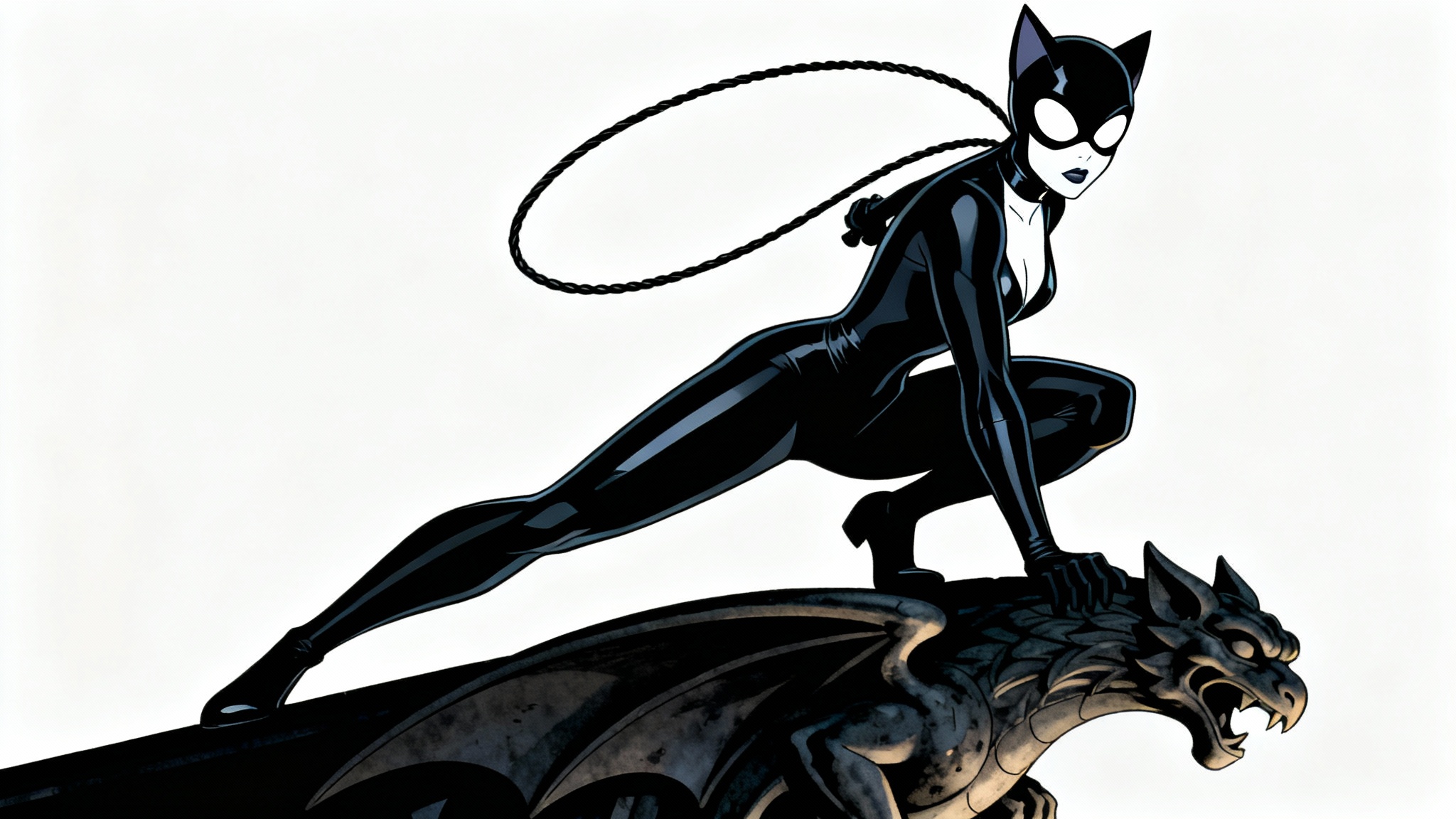A minimalist animation-style illustration of Catwoman from The New Batman Adventures, crouched on a gargoyle in her sleek black suit against a plain white background.