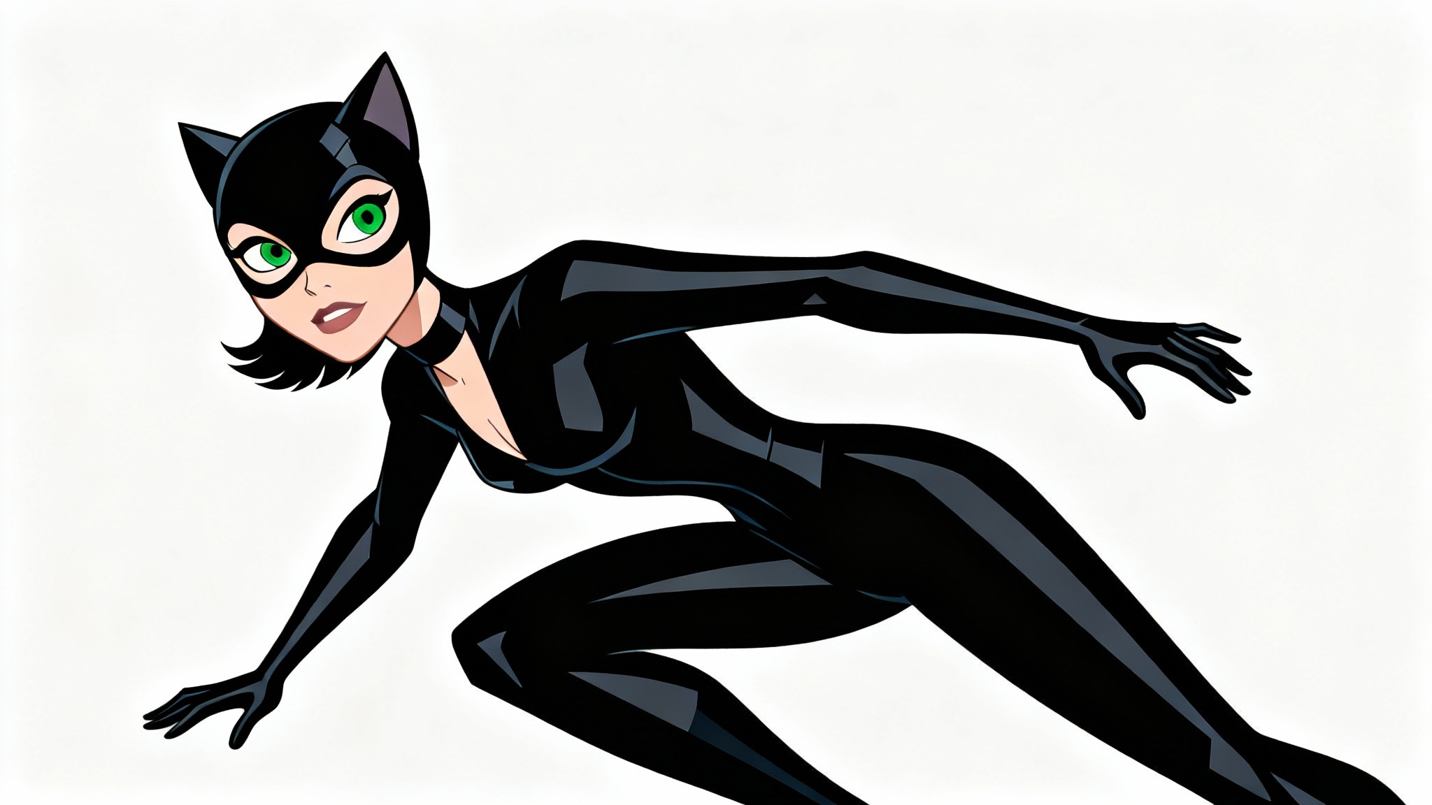 A stylized, full-body illustration of Catwoman from The New Batman Adventures, posing confidently in her sleek black catsuit against a plain white background.