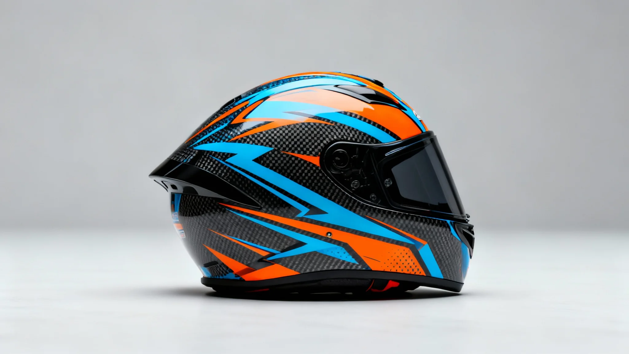 A photorealistic hero image of a modern motorcycle helmet with a custom matte black, blue, and orange graphic design, displayed in a professional studio setting.