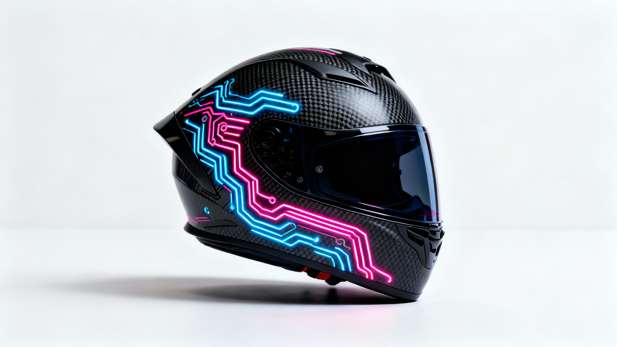 A modern, full-face motorcycle helmet with a custom cyberpunk-themed design, featuring glowing neon blue and pink circuit patterns on a matte black shell, displayed on a clean white background.