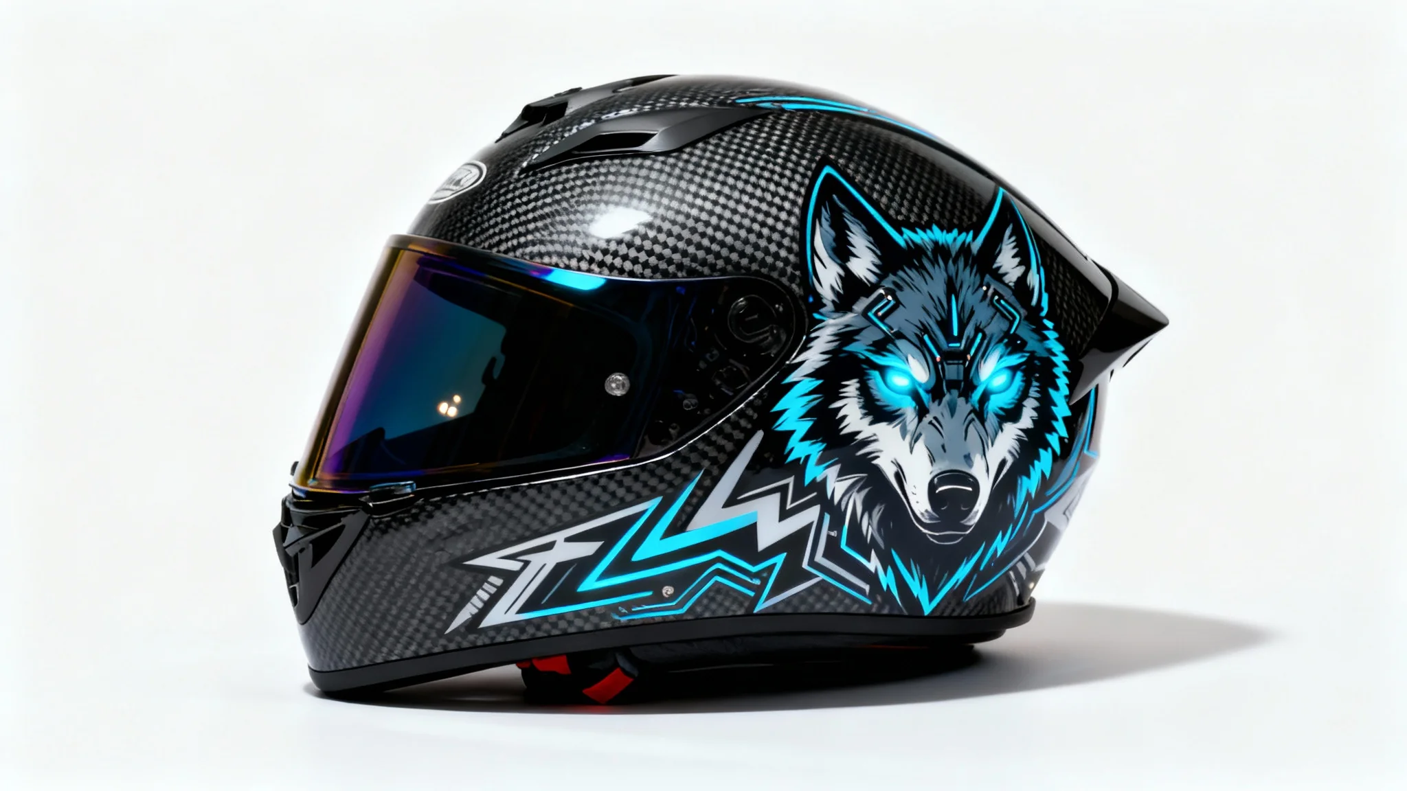 A photorealistic mockup of a modern motorcycle helmet with a custom design of a cybernetic wolf, set against a plain white background.