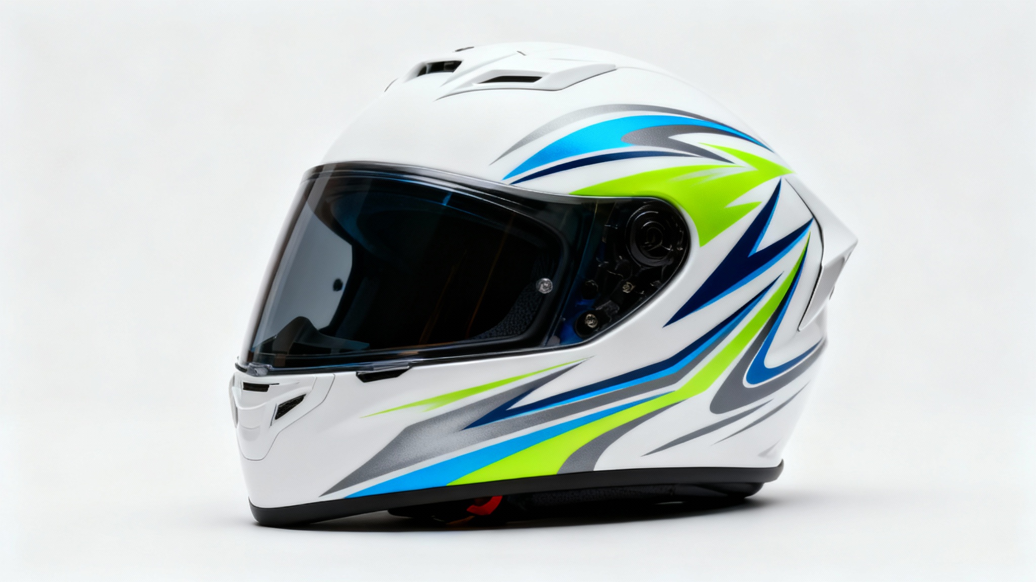 A photorealistic mockup of a modern motorcycle helmet with a custom abstract design in blue, green, and gray, displayed against a clean white background.