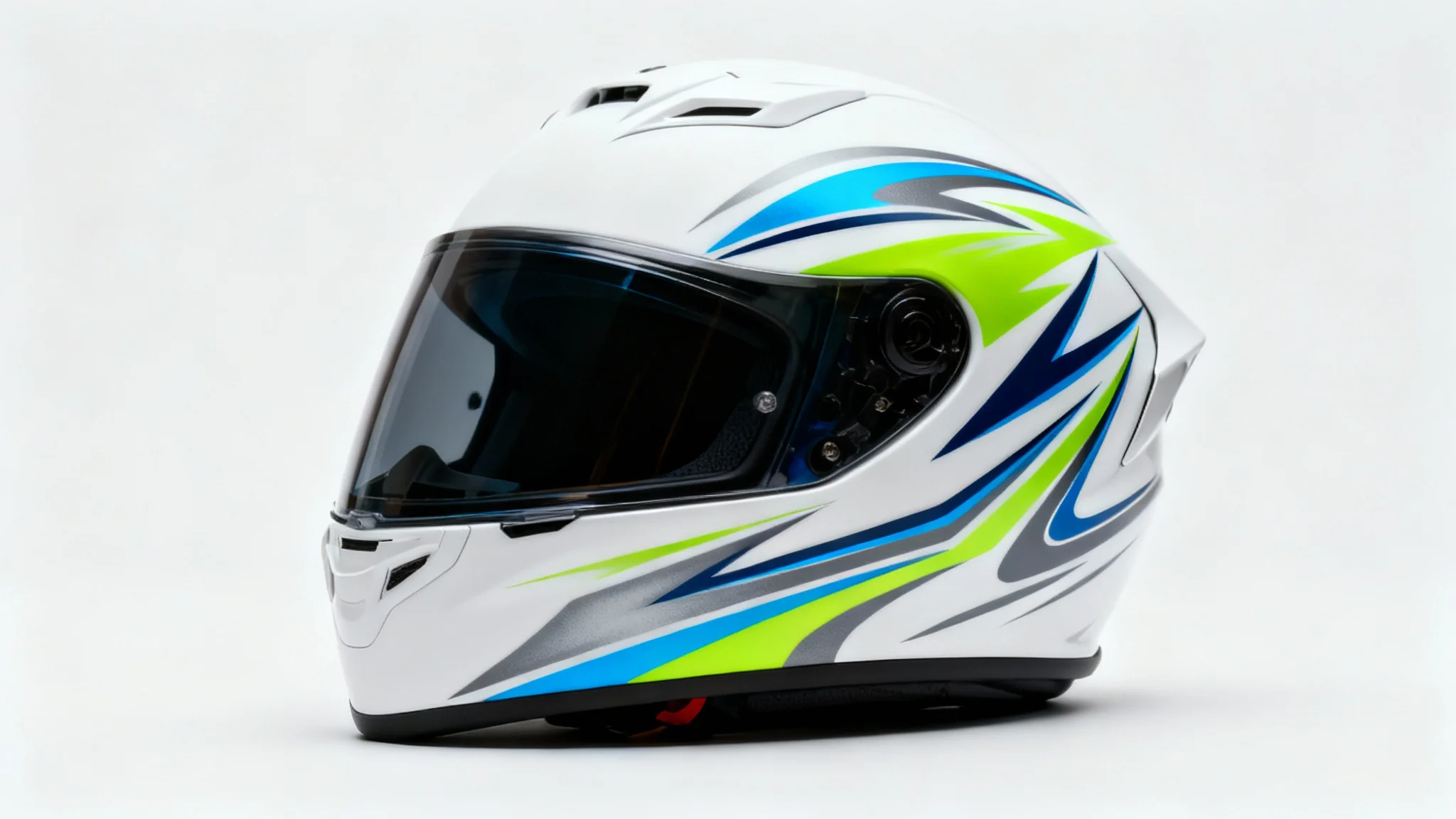 A photorealistic mockup of a modern motorcycle helmet with a custom abstract design in blue, green, and gray, displayed against a clean white background.