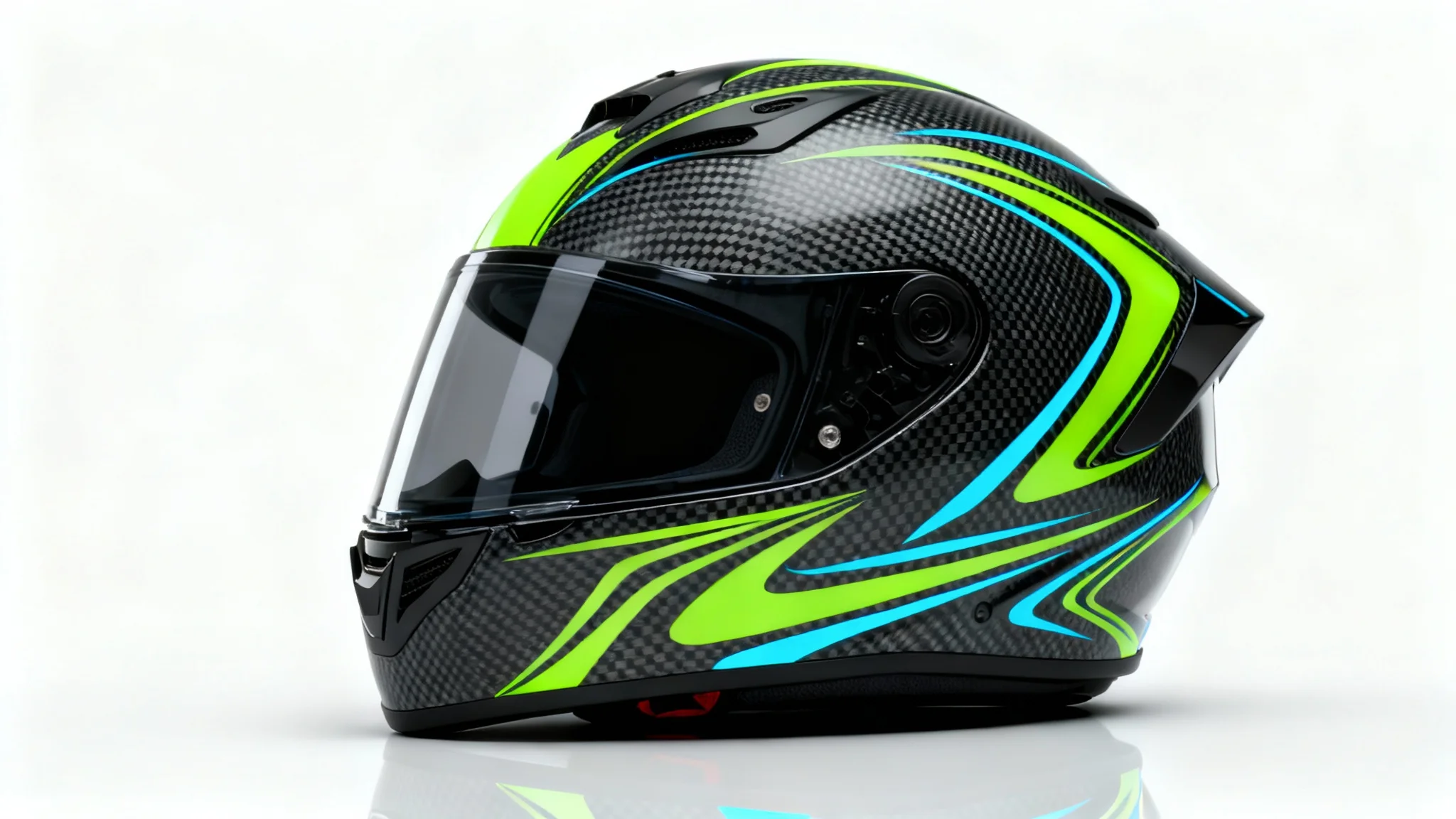 A hyper-realistic studio mockup of a modern motorcycle helmet with a matte carbon fiber finish and a neon green and blue abstract design, set against a plain white background.