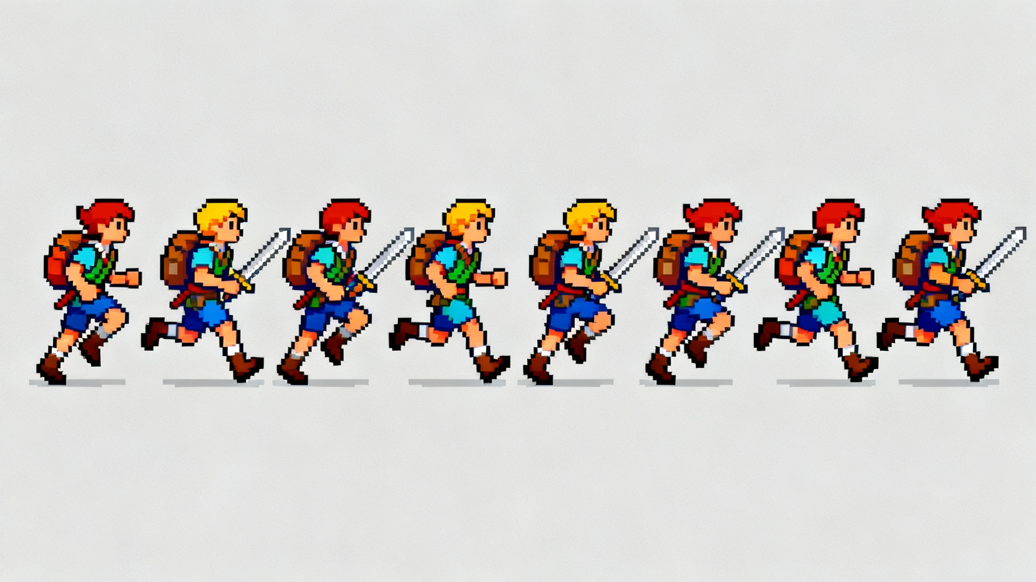 A pixel art sprite sheet displaying eight frames of an adventurer's run cycle, arranged horizontally on a light gray background.