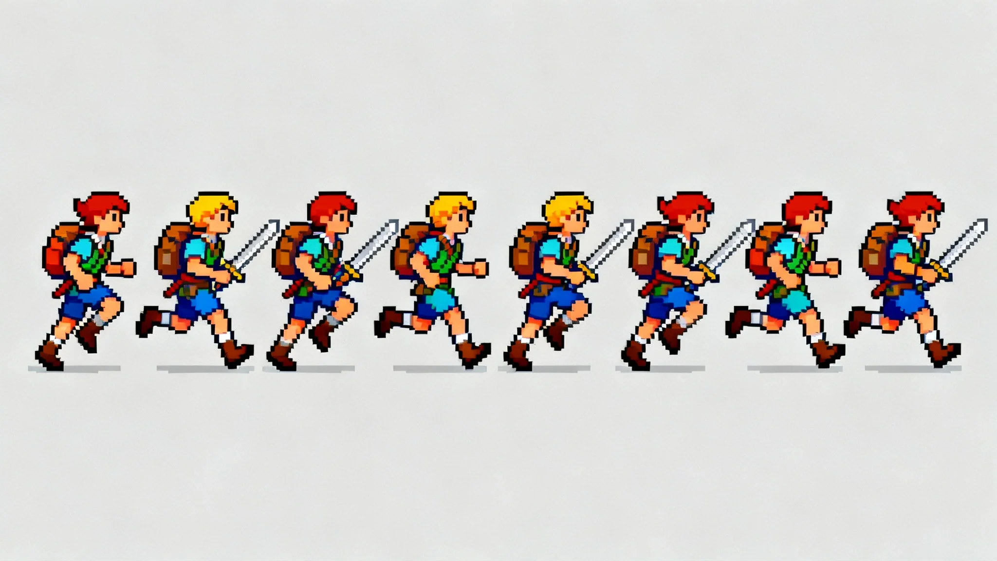 A pixel art sprite sheet displaying eight frames of an adventurer's run cycle, arranged horizontally on a light gray background.
