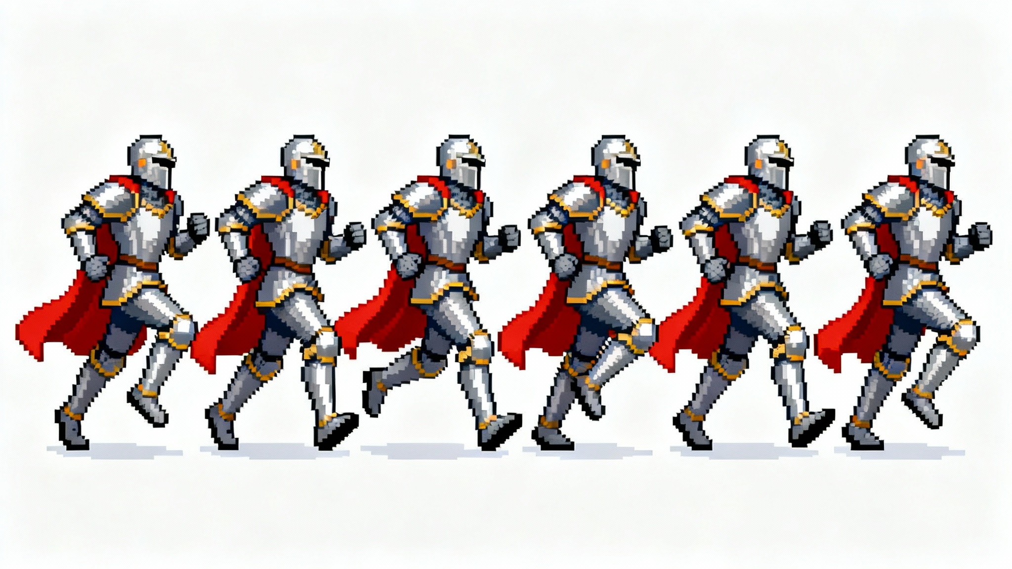 A sequence of 8 pixel art frames depicting a knight in shining armor running, displayed horizontally on a white background to show a run cycle animation.