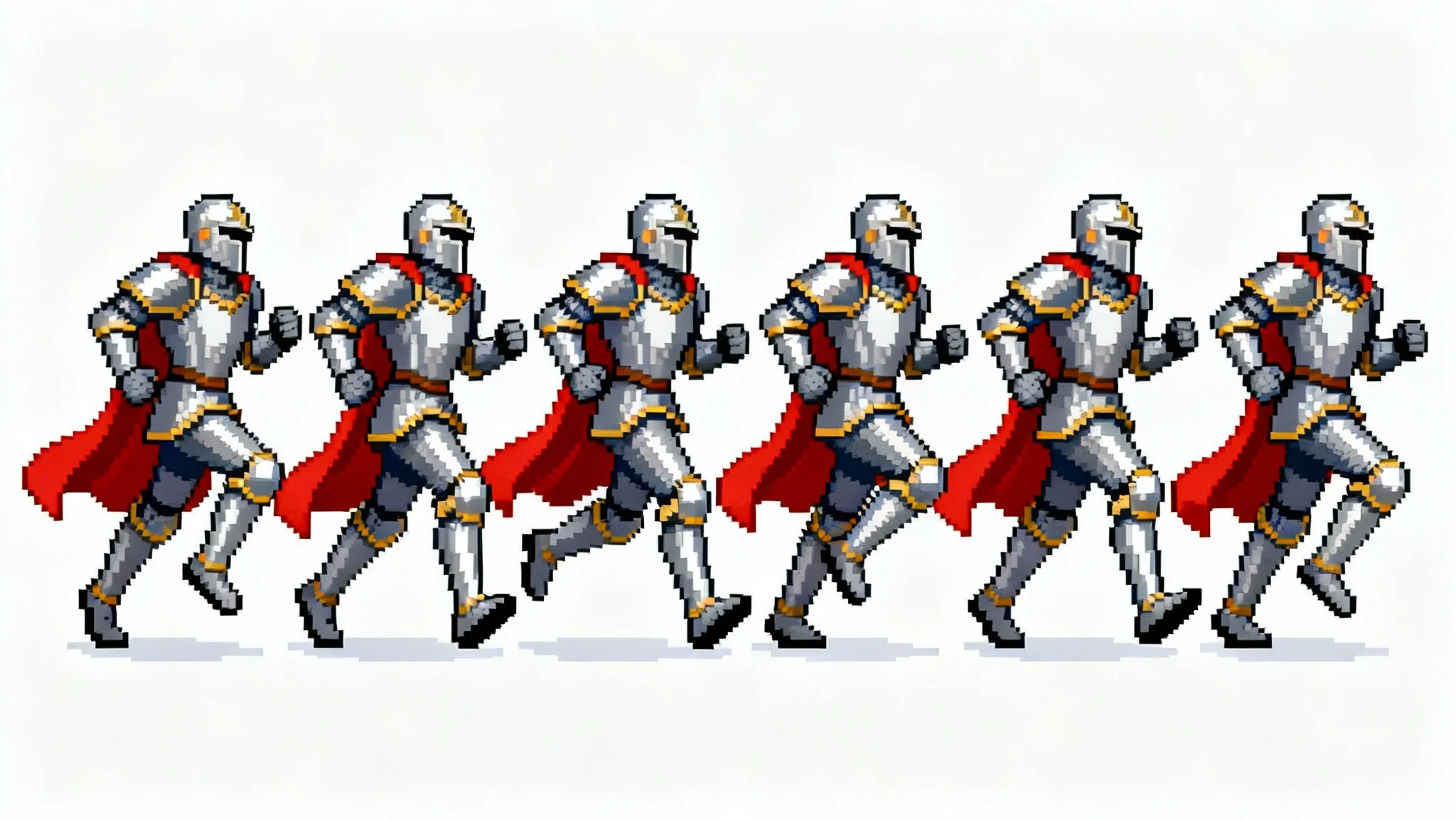 A sequence of 8 pixel art frames depicting a knight in shining armor running, displayed horizontally on a white background to show a run cycle animation.