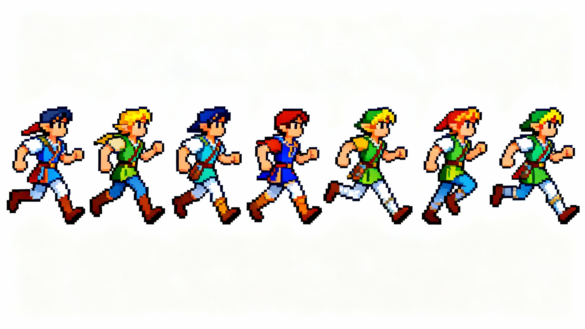 A pixel art sprite sheet showing the eight-frame run cycle of a fantasy adventurer character, displayed horizontally against a white background.