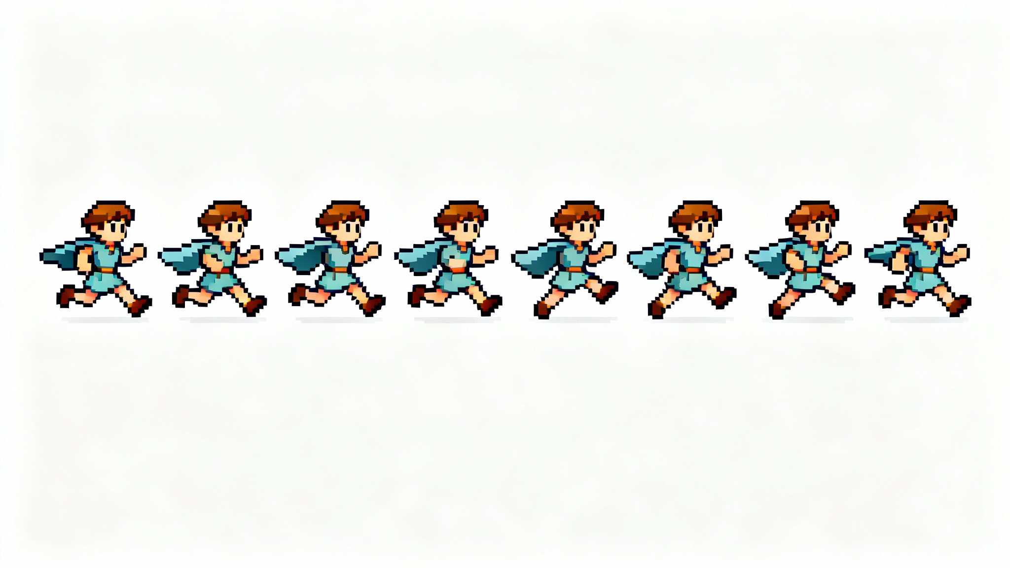 A 16-bit pixel art sprite sheet showing an 8-frame run cycle animation of a fantasy character, displayed on a clean white background.