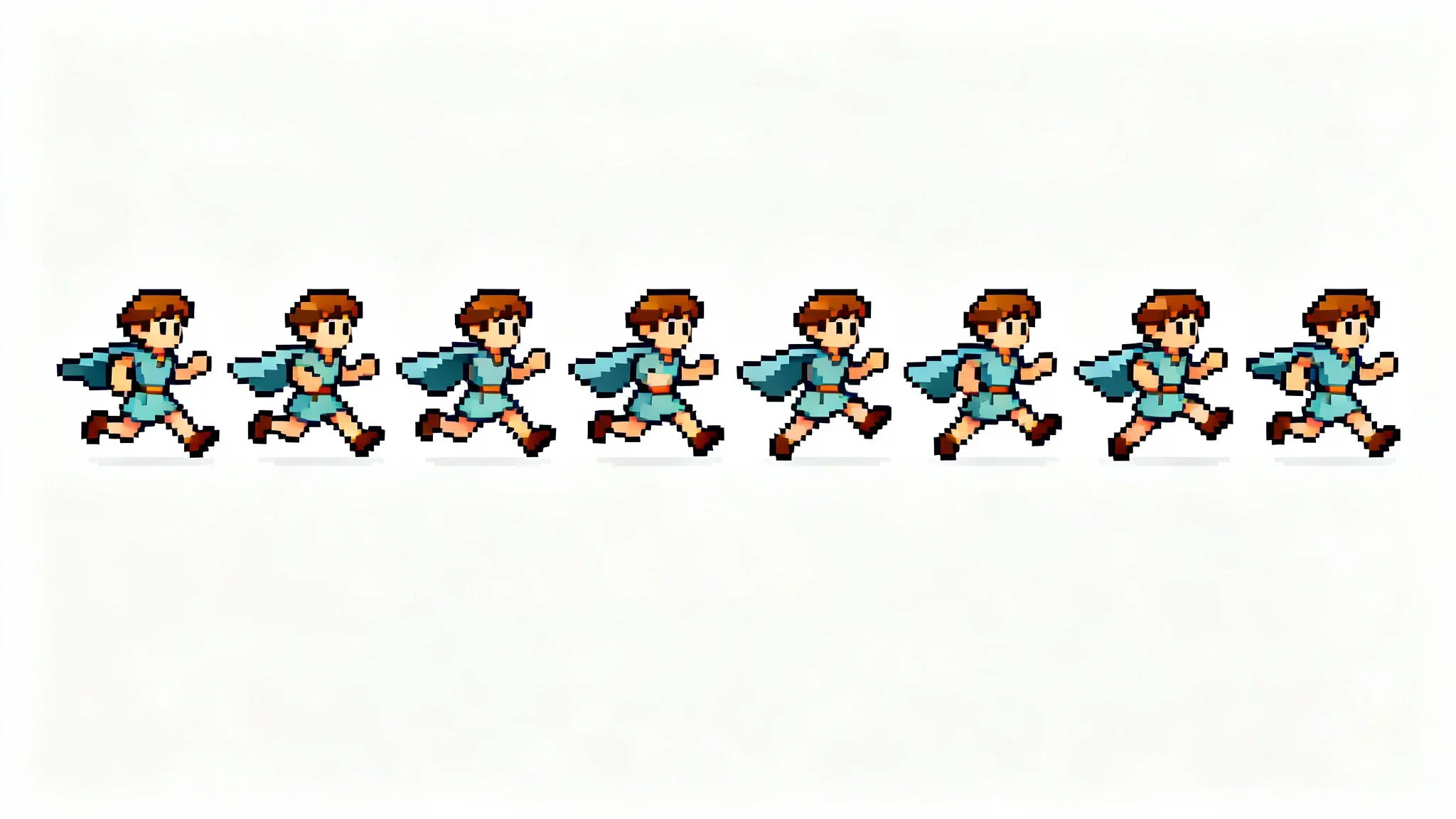 A 16-bit pixel art sprite sheet showing an 8-frame run cycle animation of a fantasy character, displayed on a clean white background.