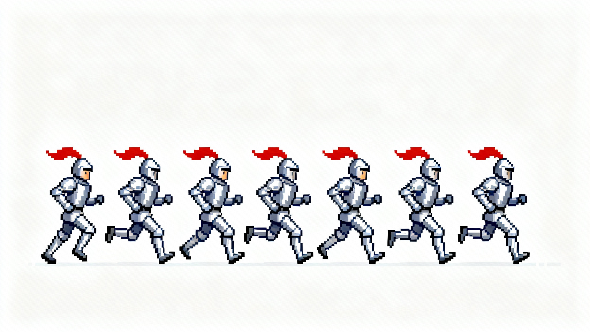 A 16-bit pixel art sprite sheet showing the 8-frame run cycle of a knight in silver armor, displayed horizontally on a clean white background.