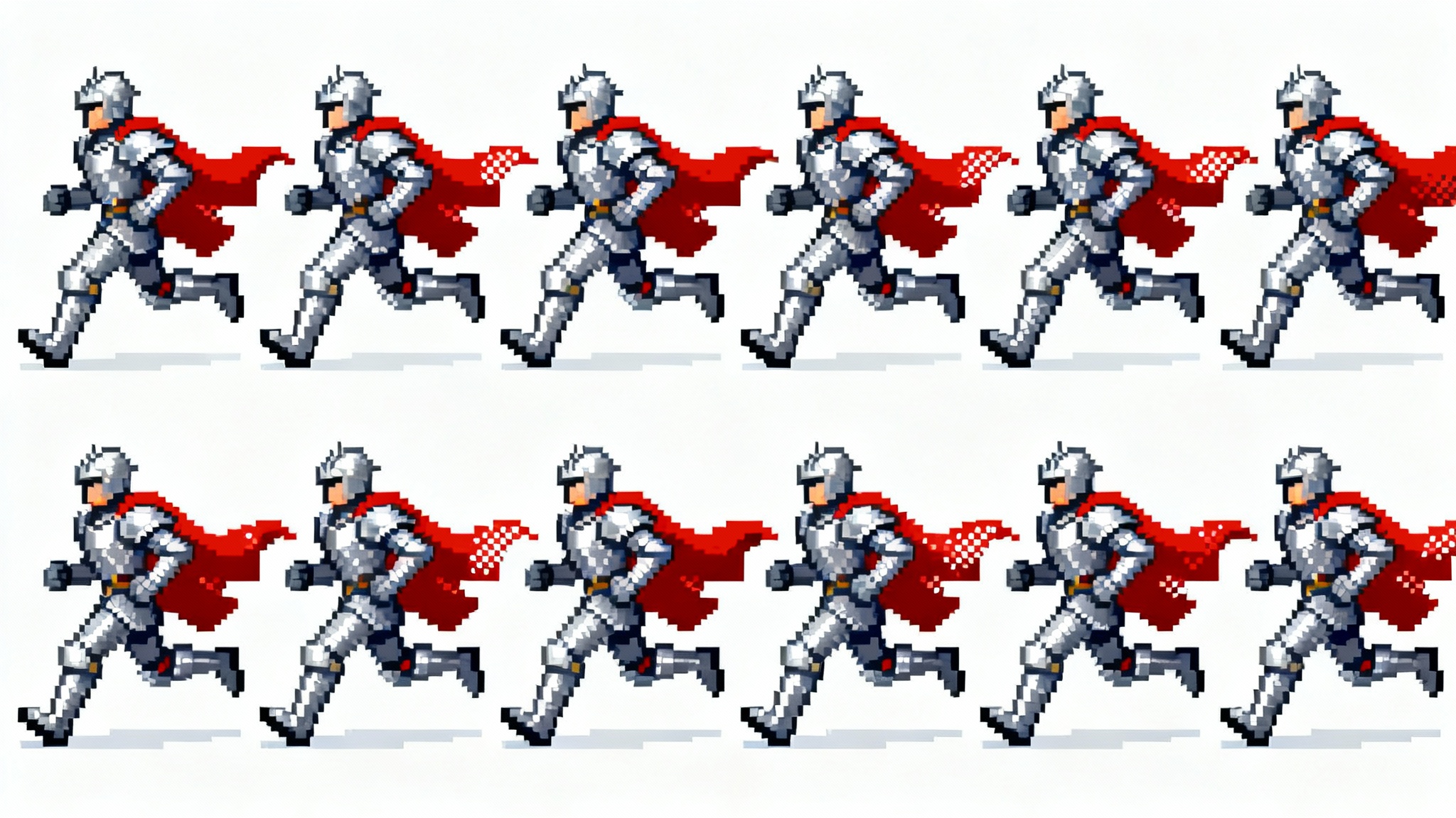 A pixel art sprite sheet showing the 8-frame run cycle of a knight in silver armor and a red cape, displayed horizontally on a white background.