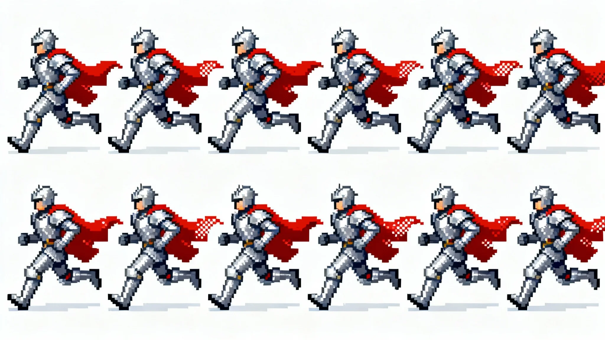 A pixel art sprite sheet showing the 8-frame run cycle of a knight in silver armor and a red cape, displayed horizontally on a white background.