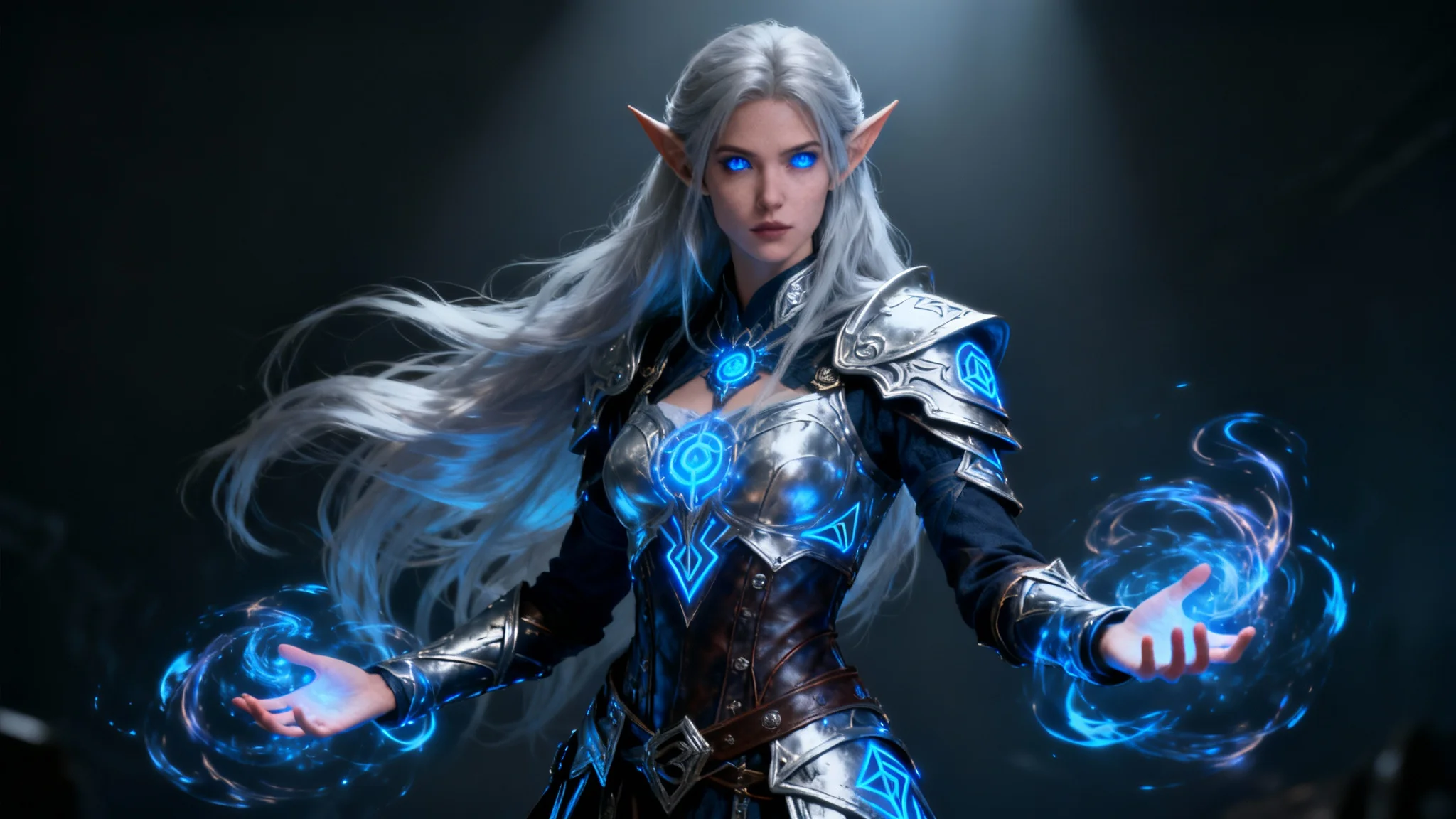 A high-quality 3D render of a female elven sorceress game character with silver hair and glowing blue eyes, wearing intricate armor and casting a spell in a dynamic pose.