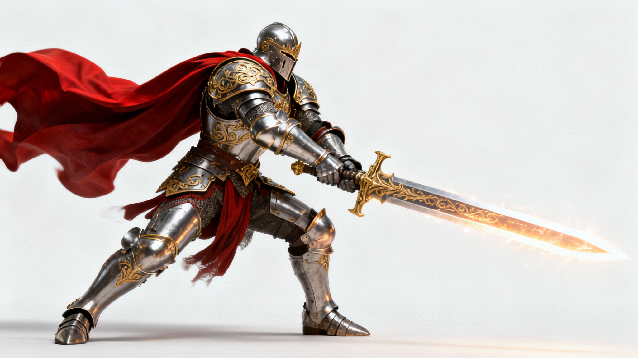 A 3D render of a fantasy knight in full plate armor with a red cape, holding a large glowing sword in a dynamic pose against a plain white background.