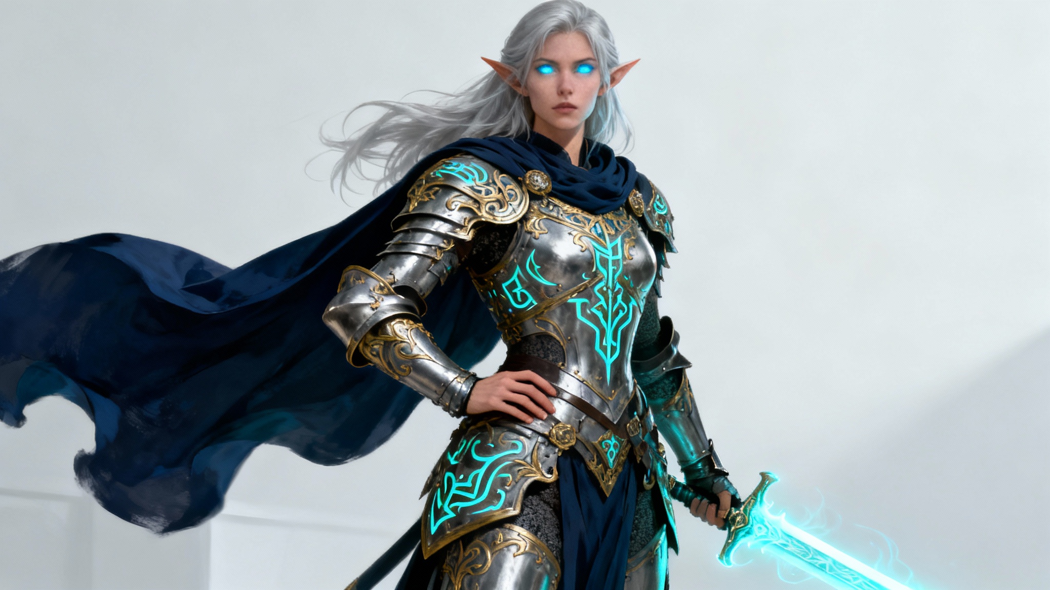 Concept art of a powerful female elven knight in ornate silver and gold armor with glowing runes, standing against a minimalist light gray background.