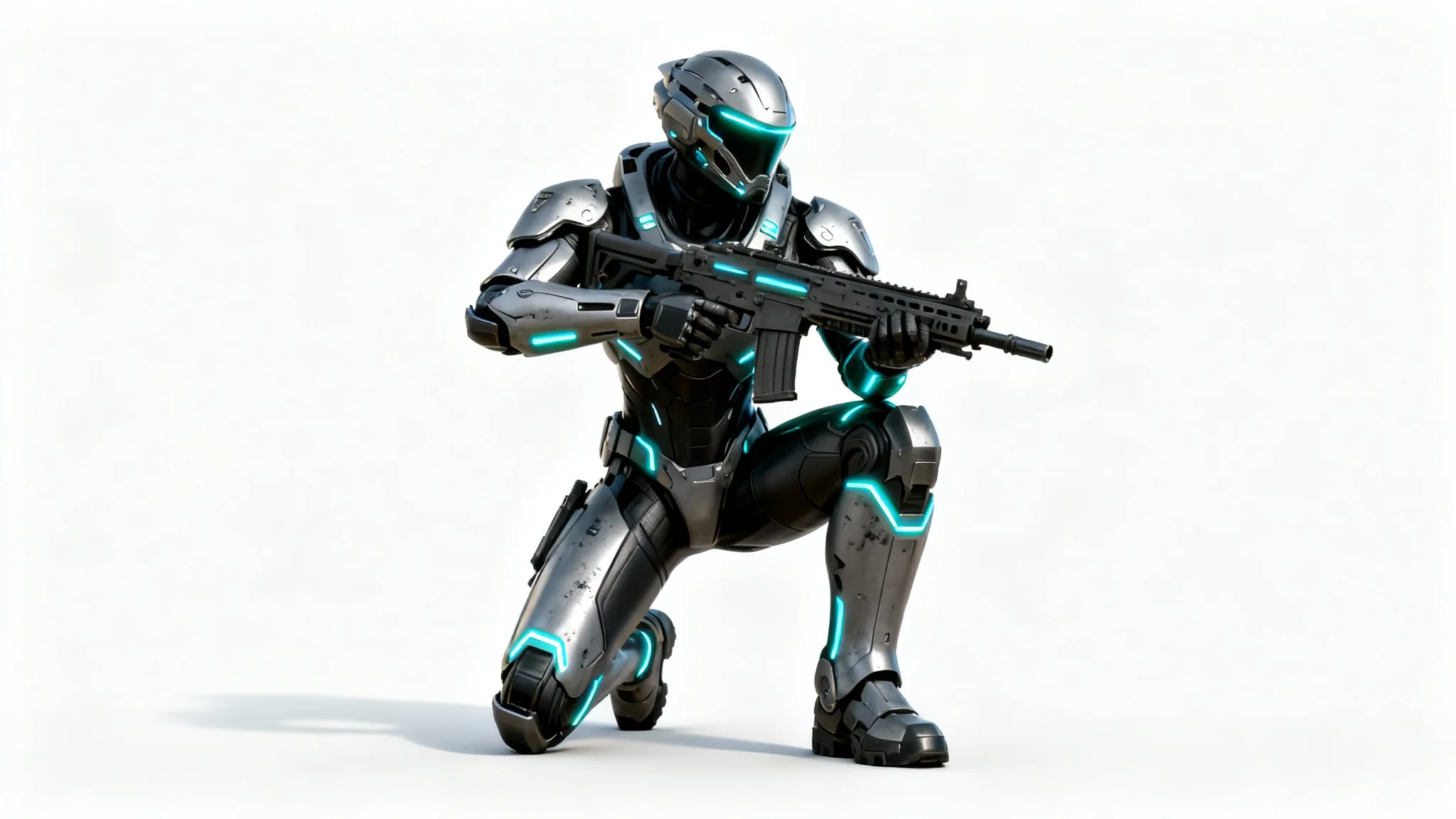 A hyper-realistic 3D render of a futuristic sci-fi soldier in sleek gray and black powered armor, holding a rifle and standing against a plain white background.