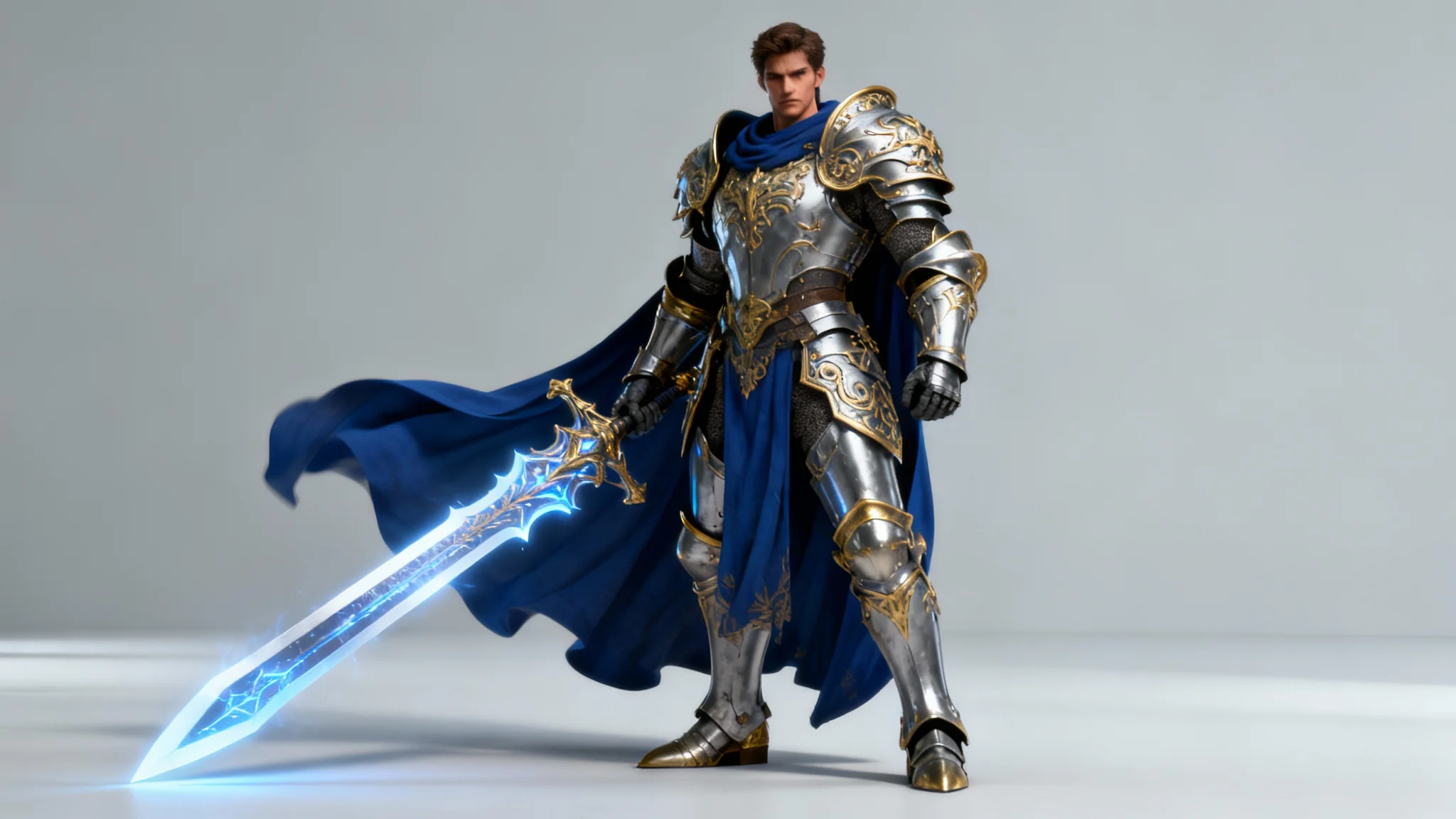 A full-body concept art of a fantasy game character, a knight in ornate silver and gold armor holding a glowing sword, set against a plain light gray background.