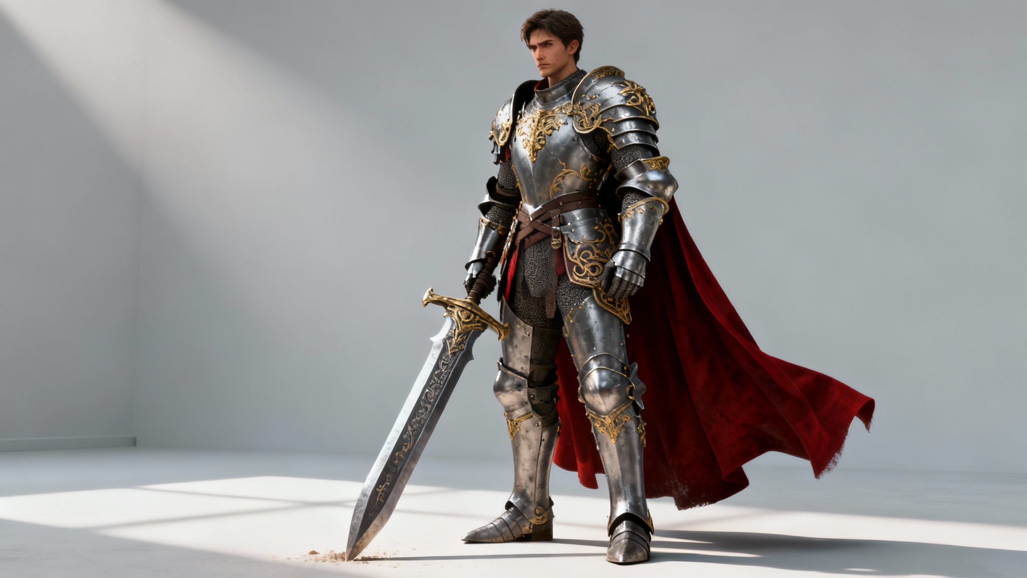 A photorealistic concept art of a fantasy knight in highly detailed silver and gold armor, holding a greatsword, posing heroically against a minimalist light grey background.