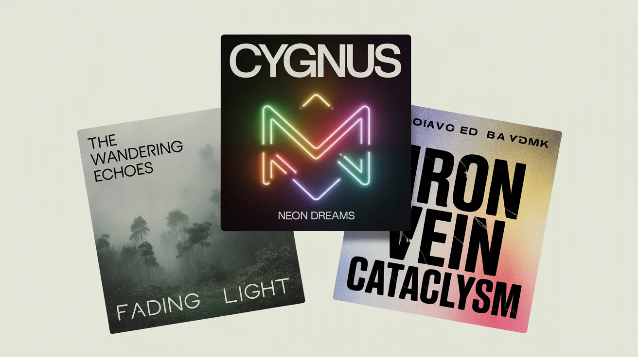 Three professionally designed album covers for indie, electronic, and rock genres, displayed in a hero image format to showcase final design results.