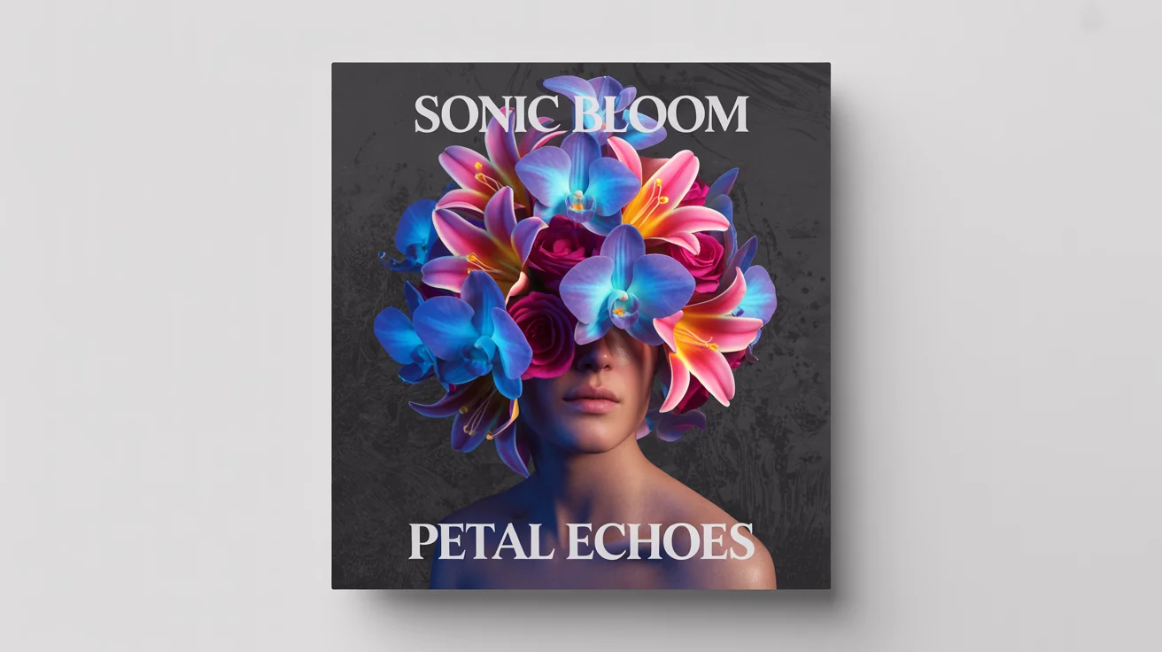 A mockup of a square album cover for 'PETAL ECHOES' by 'SONIC BLOOM', showing a person's face partially hidden by surreal, brightly colored flowers, set against a plain white background.