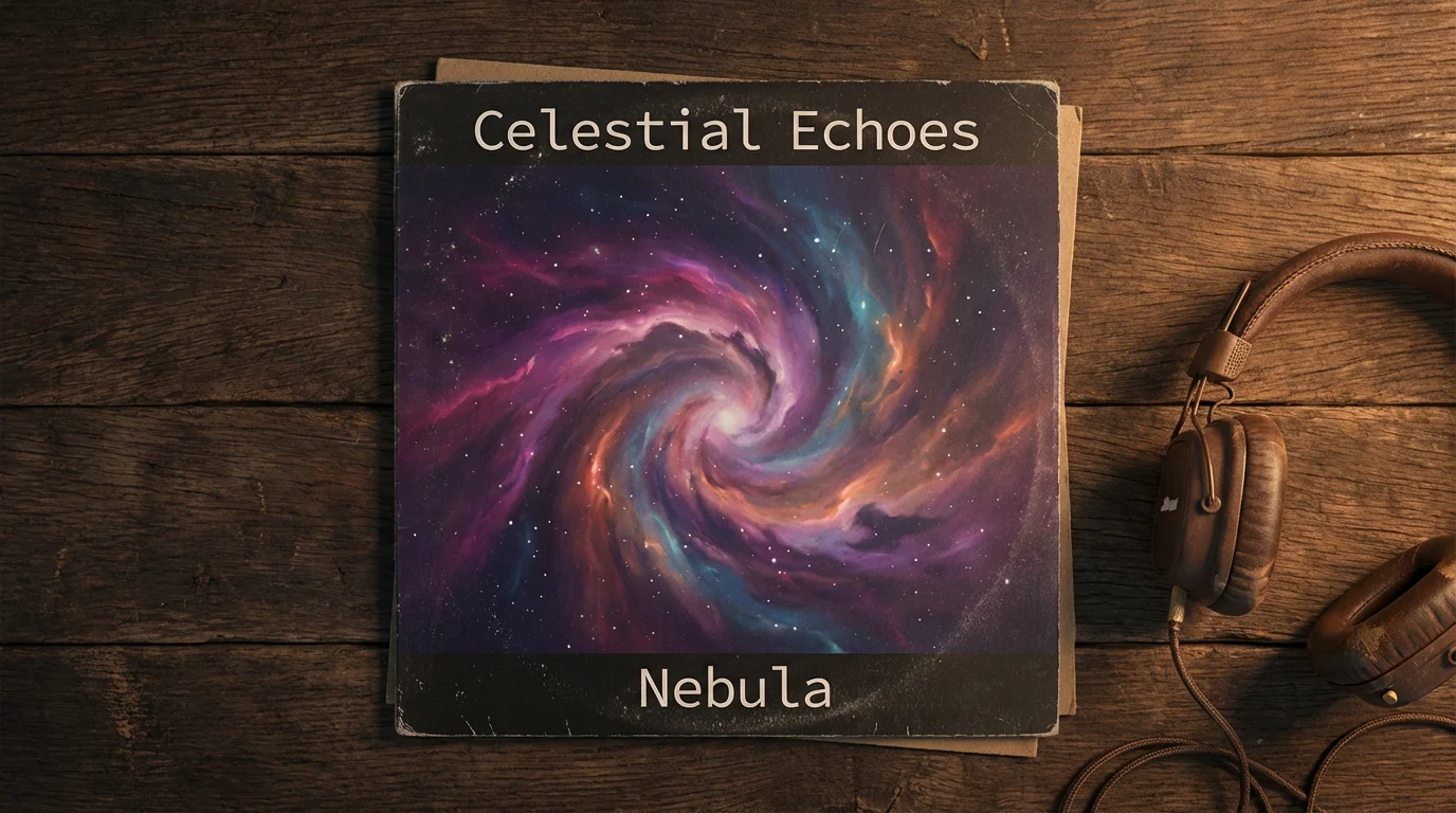 A vinyl album cover for 'Nebula' by 'Celestial Echoes', featuring cosmic art of a nebula, resting on a dark wooden table next to a pair of vintage headphones.