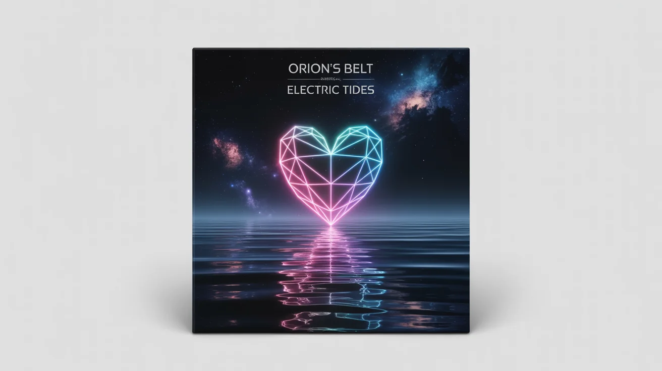 A mockup of a square album cover for the artist 'Orion's Belt' and the album 'Electric Tides'. The artwork features a glowing crystalline heart over a calm ocean and starry night sky, all presented on a clean white background.