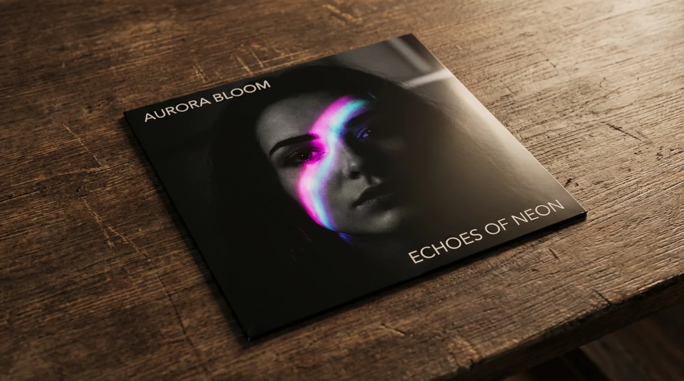 A vinyl record album cover for 'Echoes of Neon' by Aurora Bloom, shown resting on a dark wooden table. The cover features a black and white portrait with a colorful neon light streak across it.