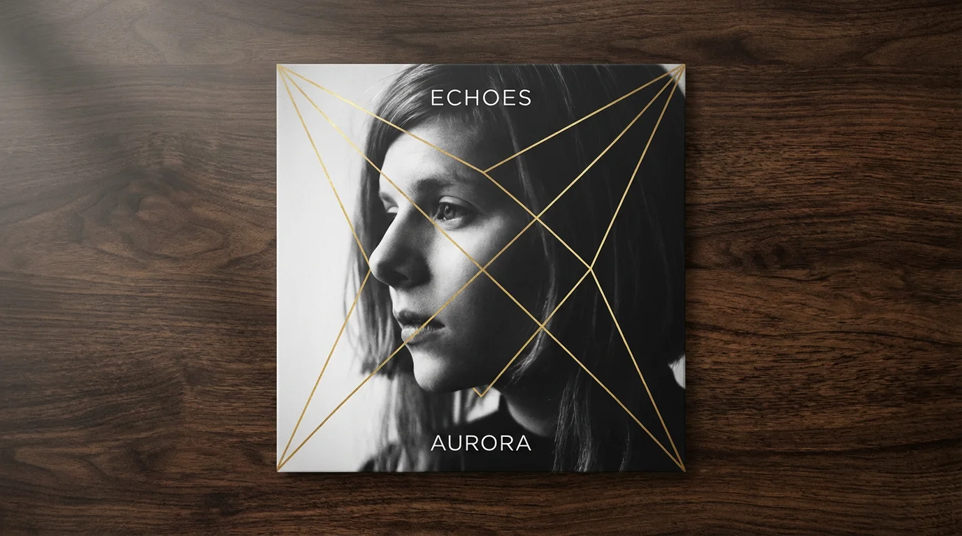 A vinyl album sleeve for the album 'ECHOES' by 'AURORA' lying on a dark wooden table. The cover features a black and white portrait with gold geometric lines.