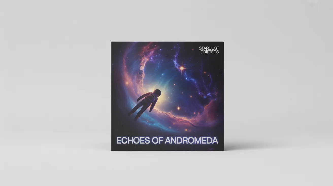 A mockup of a vinyl album cover for 'Echoes of Andromeda' by 'Stardust Drifters', showing an astronaut floating in a cosmic scene of purple and blue nebulae, set against a white background.