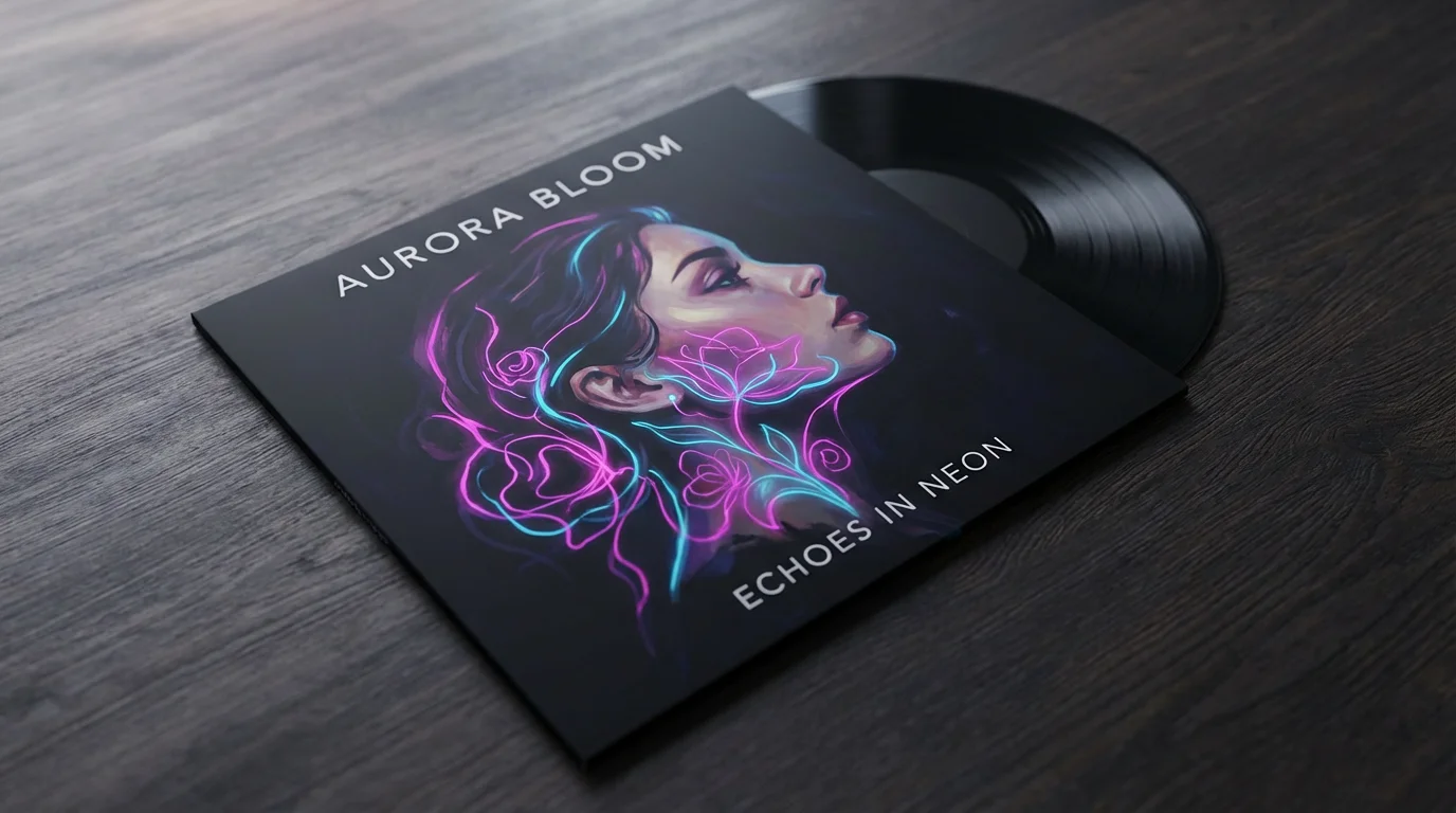 A vinyl album cover for 'Echoes in Neon' by Aurora Bloom, shown in a realistic photo setting on a wooden table. The cover art features a woman's profile with glowing neon floral designs.