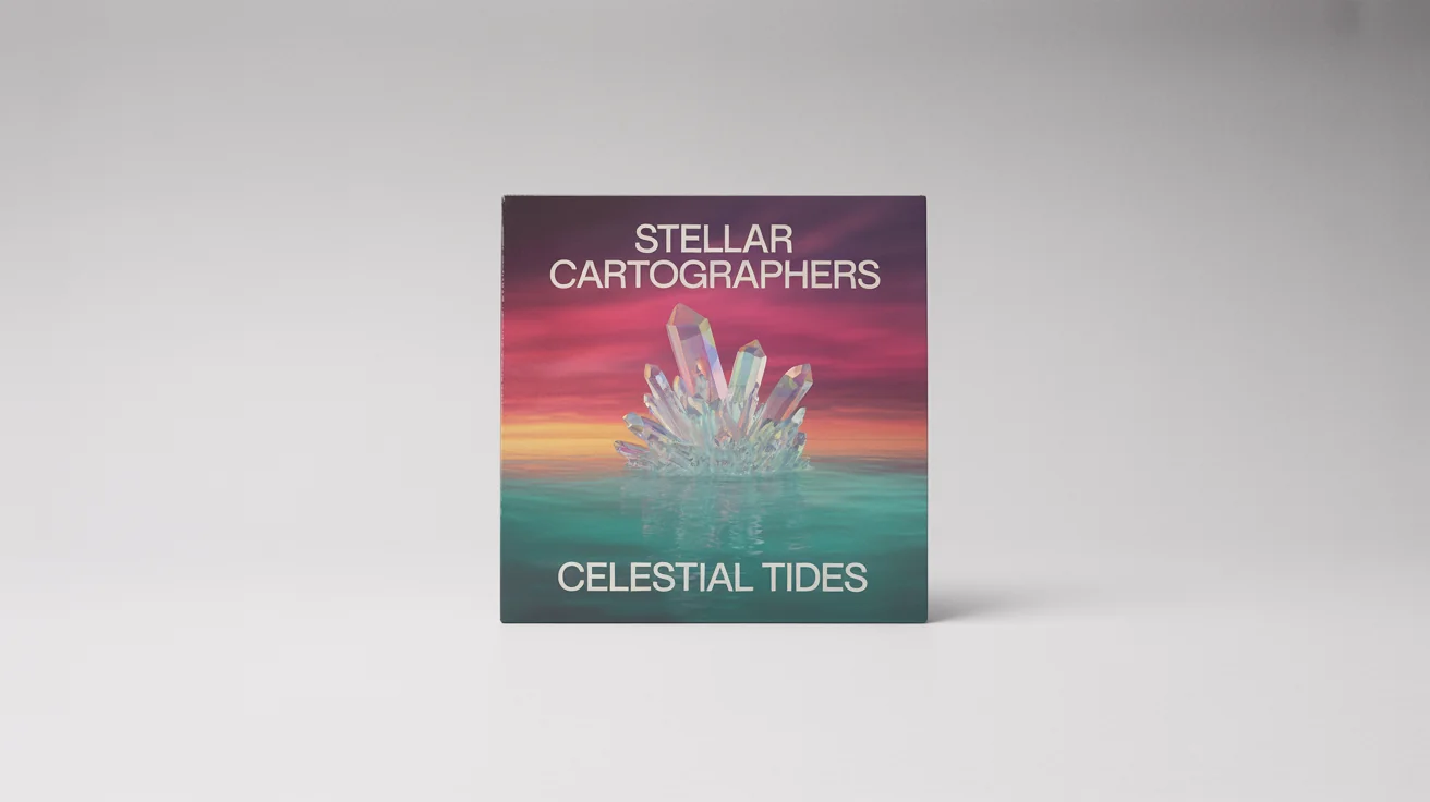 A photorealistic mockup of a square album cover for the artist 'Stellar Cartographers' and their album 'Celestial Tides', featuring artwork of a giant glowing crystal in the sea at sunset, all against a plain white background.