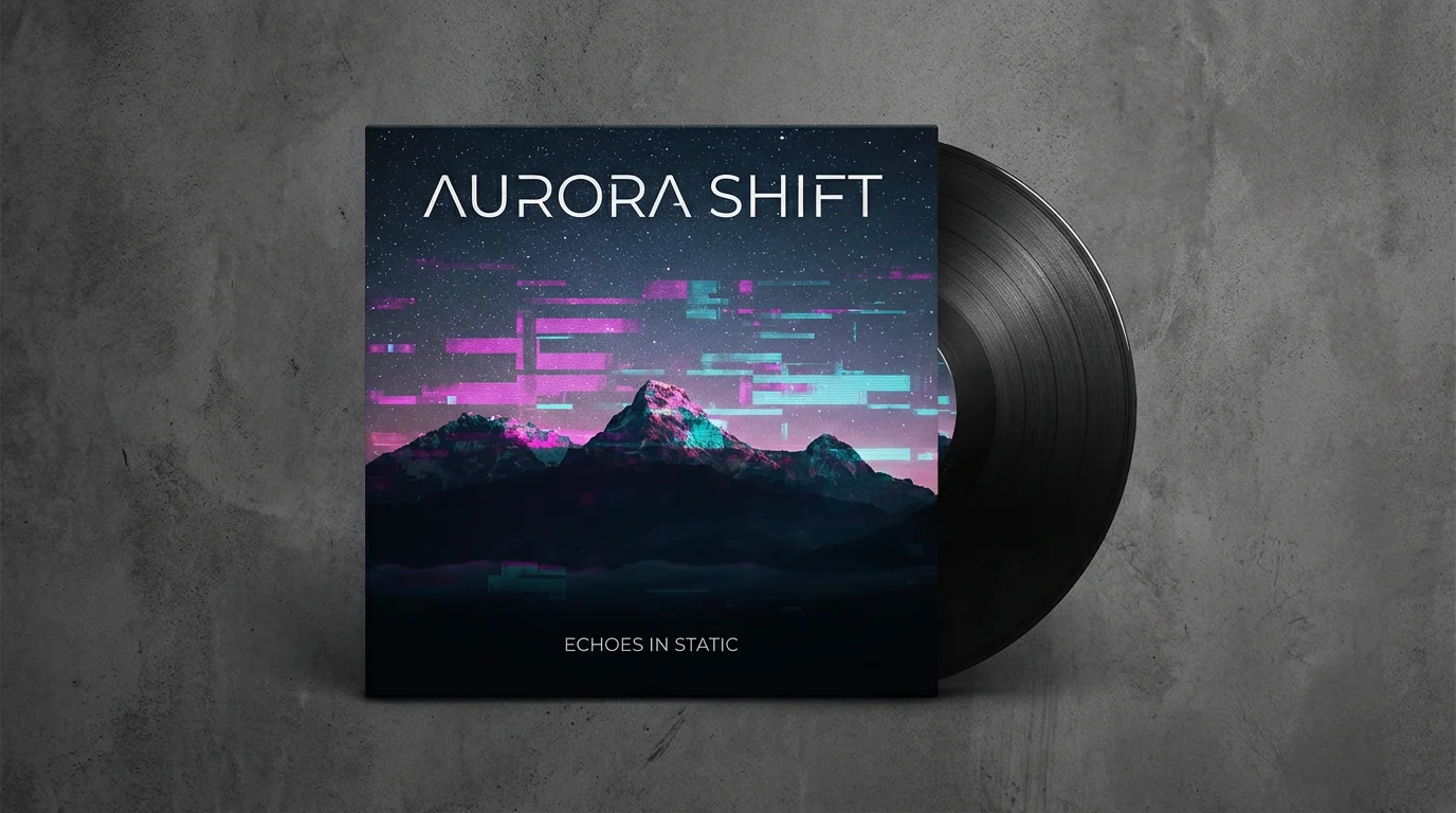 A vinyl record album sleeve for the artist 'Aurora Shift' with the title 'Echoes in Static', featuring mountain and glitch art, shown on a concrete surface with the record peeking out.