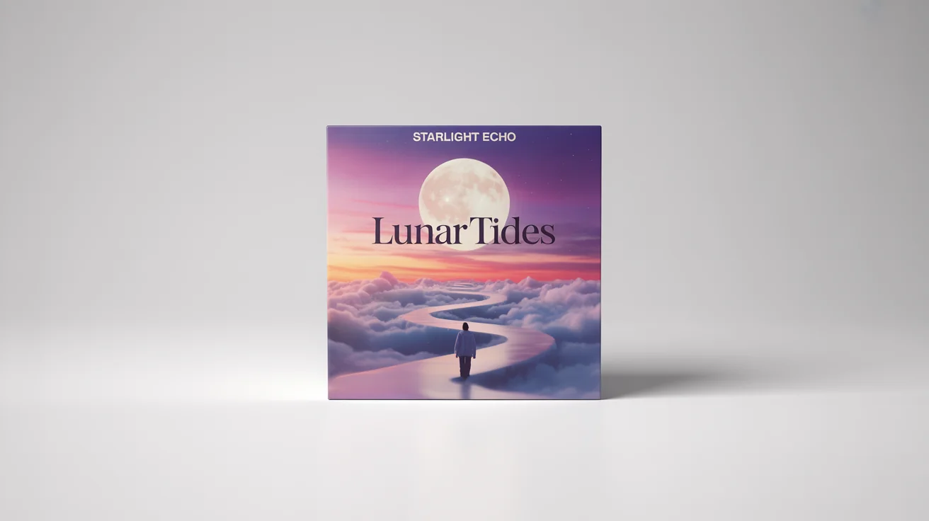 A mockup of a modern vinyl album cover titled 'Lunar Tides' by 'Starlight Echo'. The cover art shows a surreal scene of a person walking on a path of clouds under a giant, glowing moon.