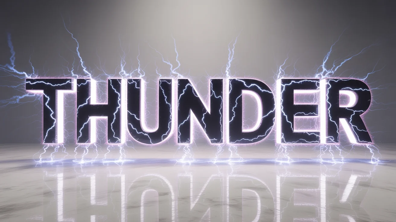 The word 'THUNDER' created from realistic blue and white lightning bolts, glowing powerfully against a plain white background.