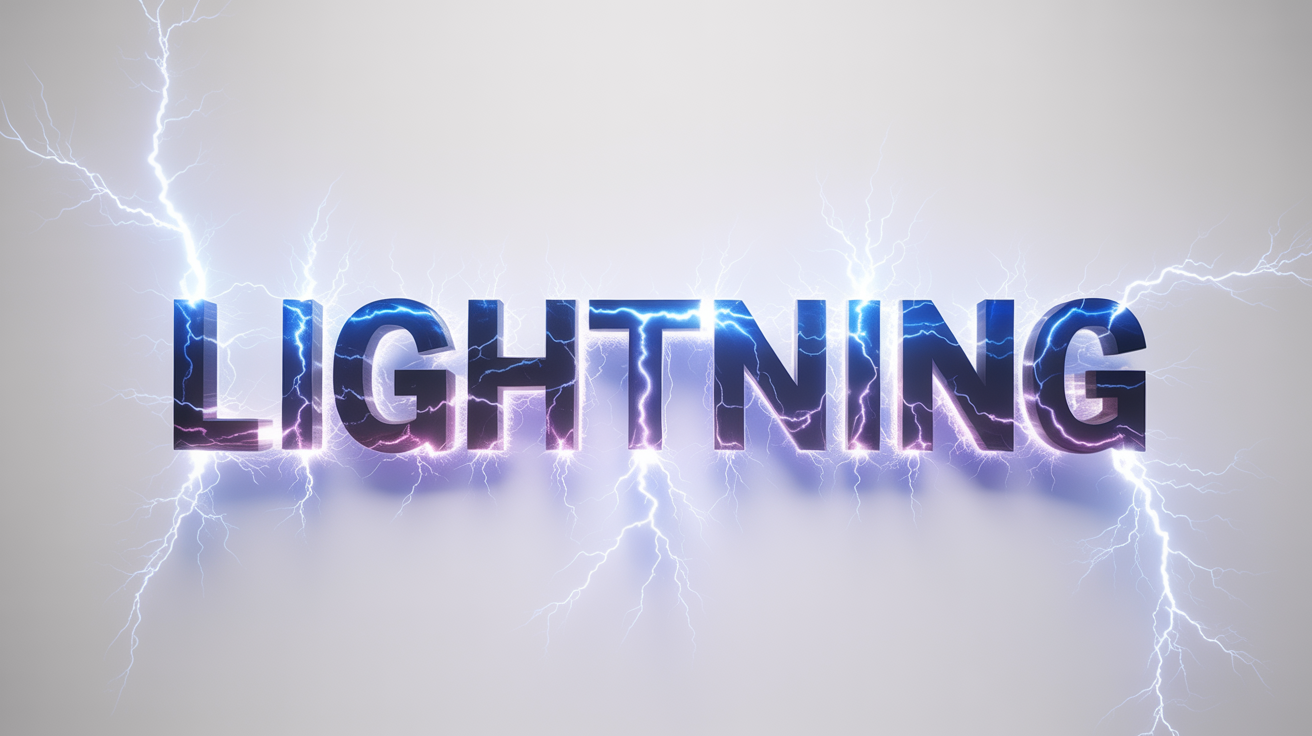 The word 'LIGHTNING' is shown with a vibrant, electric lightning effect against a plain white background, illustrating a lightning text generator.