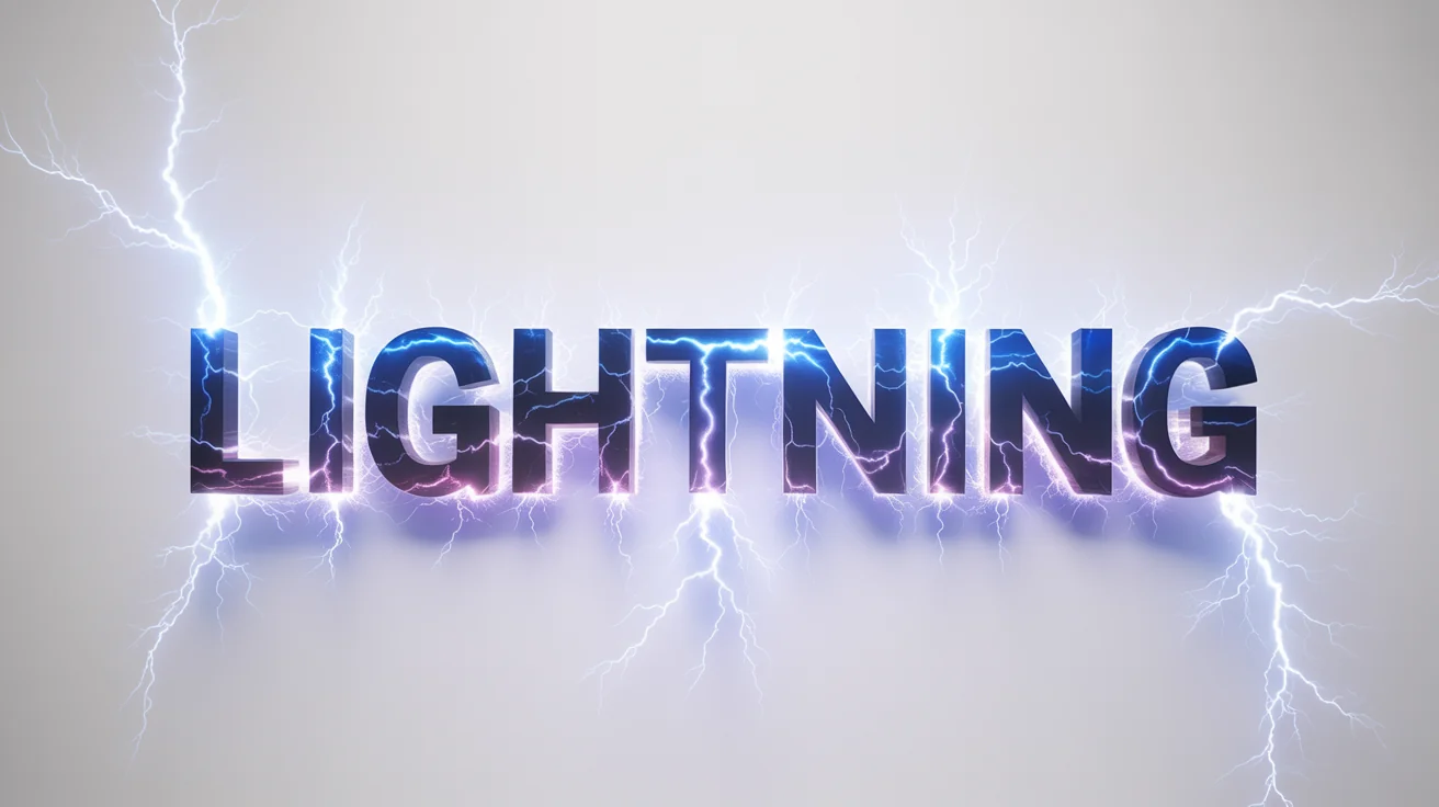 The word 'LIGHTNING' is shown with a vibrant, electric lightning effect against a plain white background, illustrating a lightning text generator.