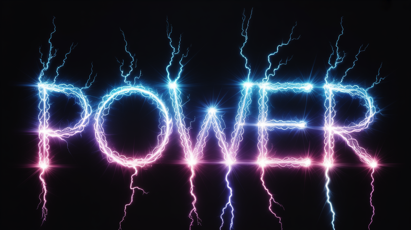 The word 'POWER' written in vibrant blue and white crackling lightning against a plain white background, illustrating an electric text effect.